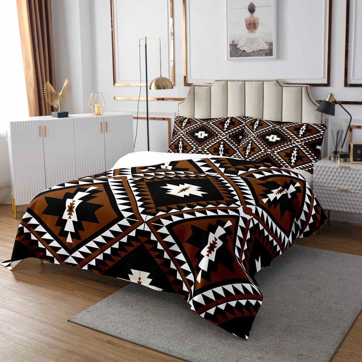 Set Biancheria Da Letto Messicana 3 Pezzi – Stile Azteco Western A Righe, Copriletto Queen E Due Federe, Marrone Tribale