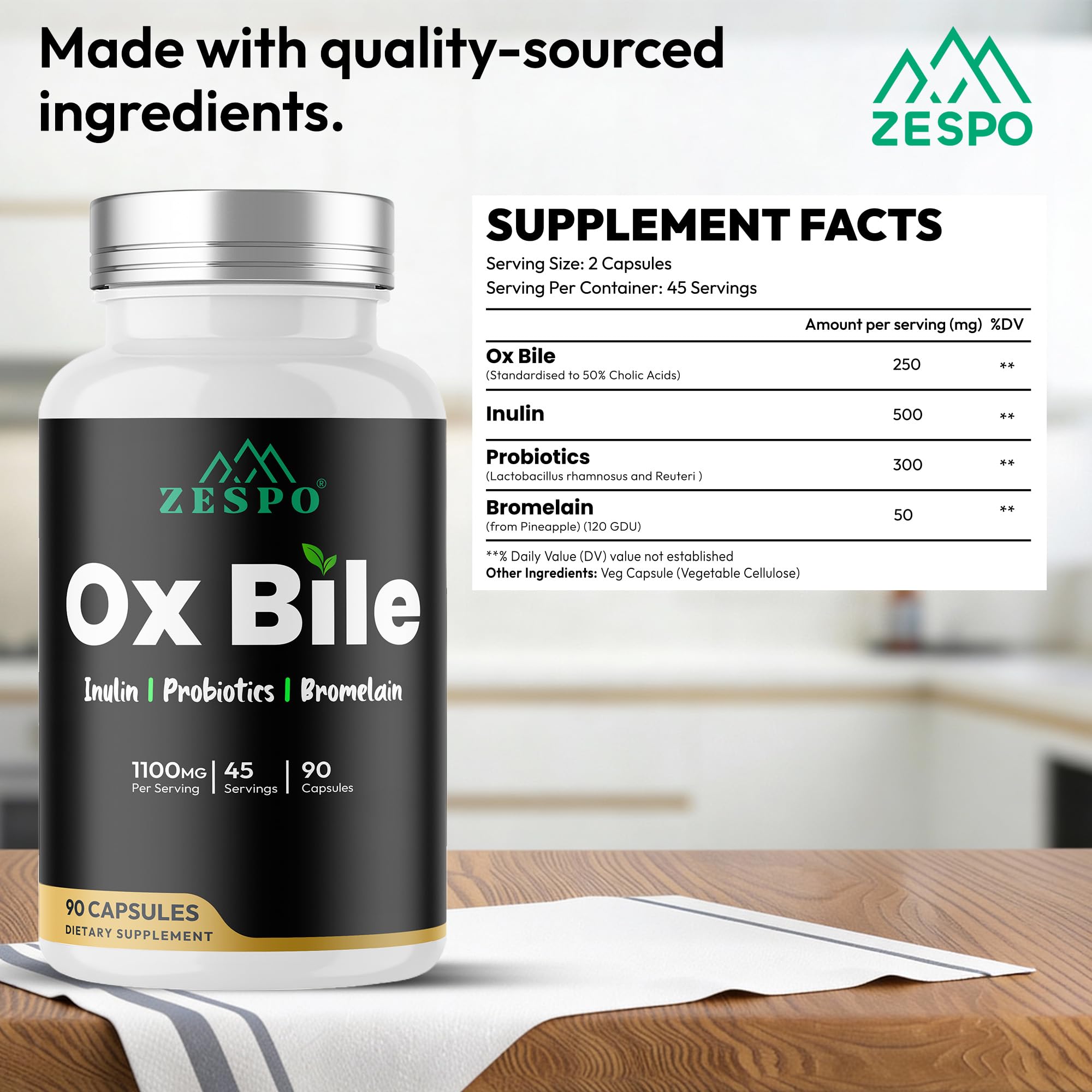 Zespo Ox Bile Supplement 1100mg with Inulin & Probiotics, 90 Capsules — Amazon image 2
