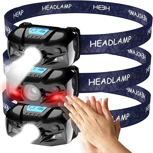 Linterna frontal recargable, paquete de 3 lámparas LED con sensor de movimiento, luz de trabajo ligera, lámpara de cabeza súper brillante, linterna