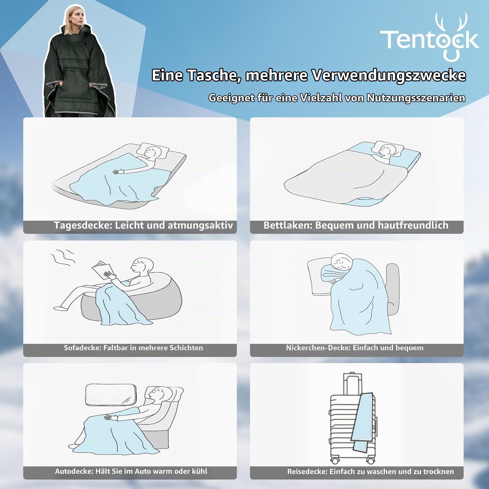Tentock Unisex Winterponcho mit Kapuze Warmer Decken Kapuzenpullover Ultraleichter Schlafsack Wasserdicht Kleine Steppdecke für Outdoor Camping Wandern
