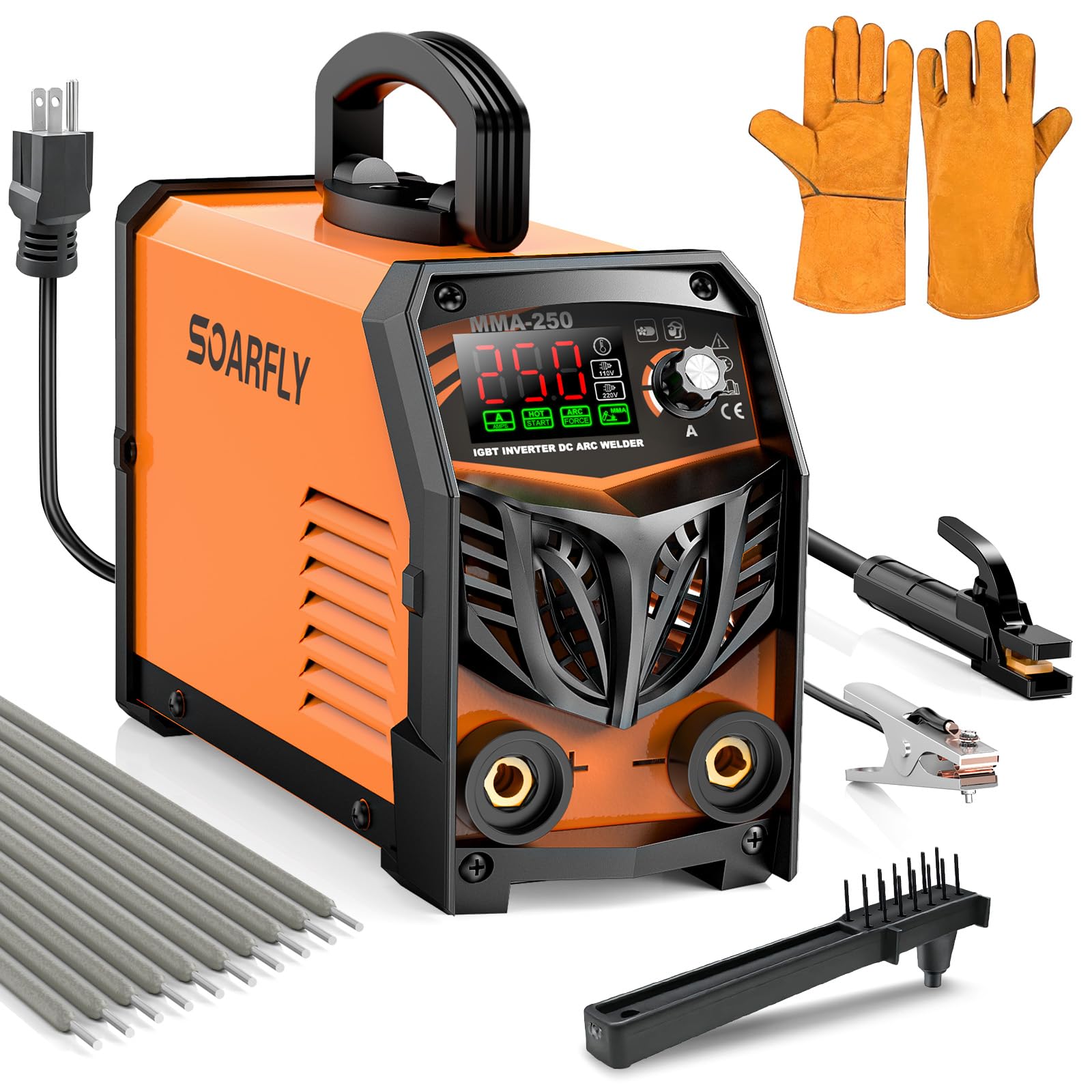 Photo 1 of SOARFLY Stick Welder, 250Amp ARC Welding Machine with Large LED Display, Dual Voltage 110V/220V IGBT Inverter Portable Welder w/10 Rods, Ground Clamp, Electrode Clamp, Hot Start, Arc Force, Anti-Stick