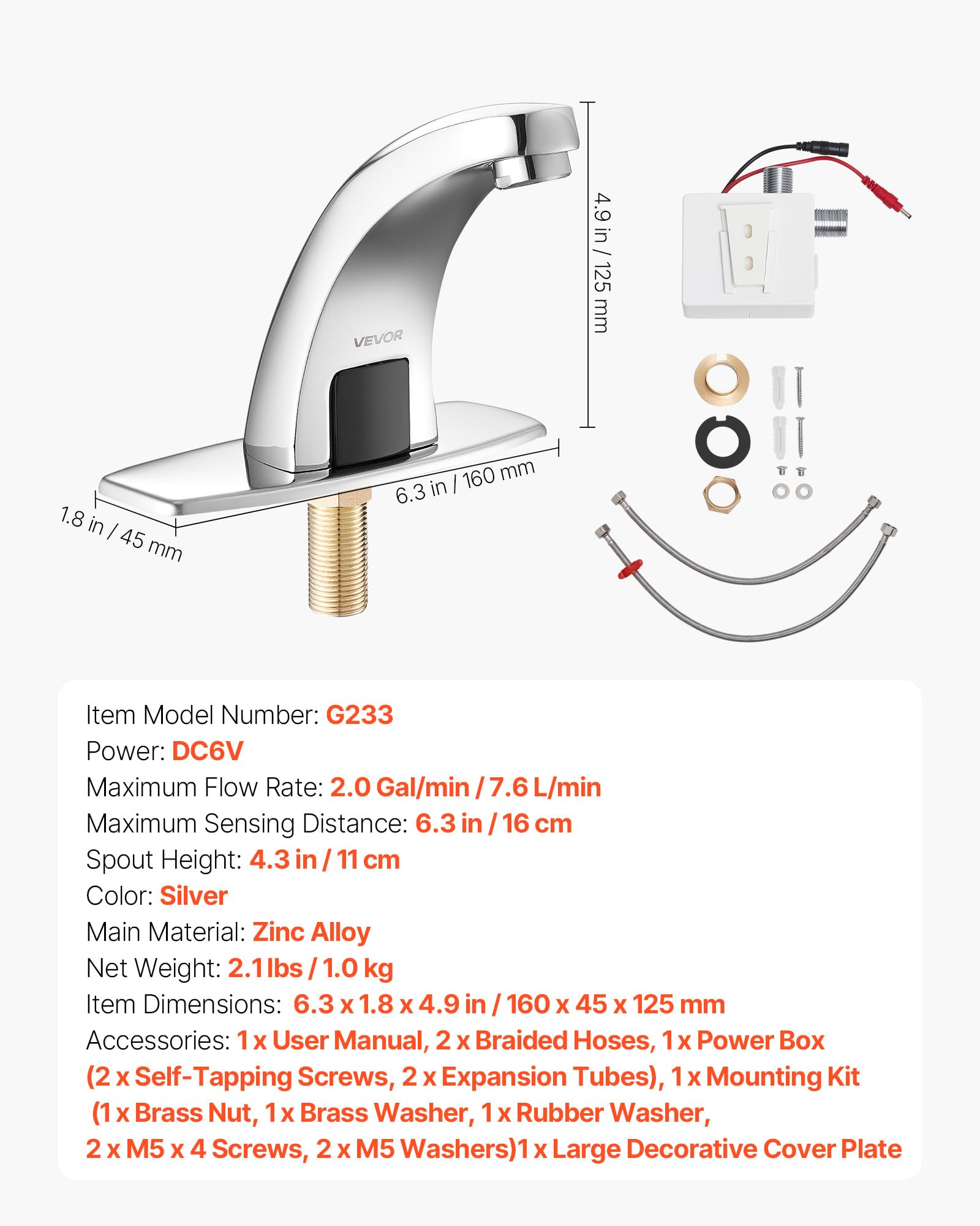 VEVOR berührungsloser Waschtischhahn (verchromtes Silber) Badezimmer, automatische Waschtischarmatur (Nur kaltes Wasser), batteriebetriebener Wasserhahn Toilettenhahn mit Lochabdeckung G233