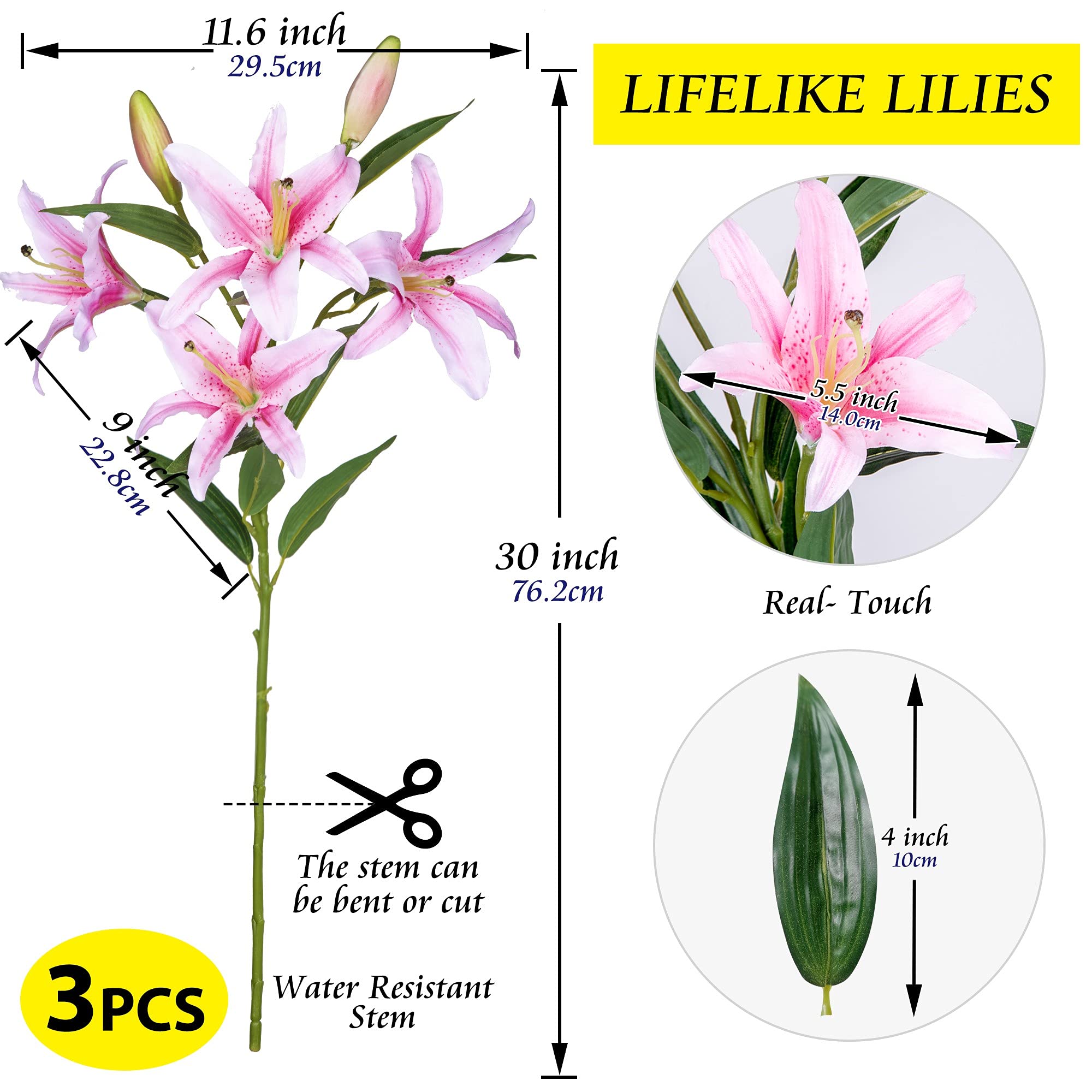 Grand Verde Lily Artificial Flowers Bulk Bouquet 30” Long Stems Dozen Blooming Silk Flower Heads Wedding Decoration Indoor Home Decor DIY Floral Crafts Table Centerpiece, 3pcs (Pink)