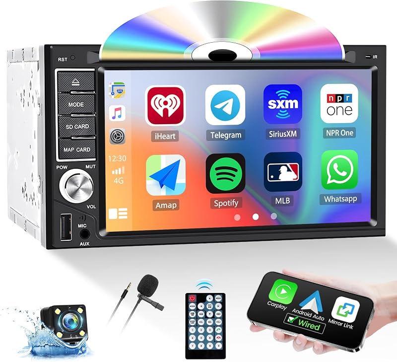 CAMECHO 2 DIN autórádió CD DVD MP5 6.2 hüvelykes érintőképernyő CarPlay Android Bluetooth Mirror Link kormányvezérléssel tolatókamera FM rád