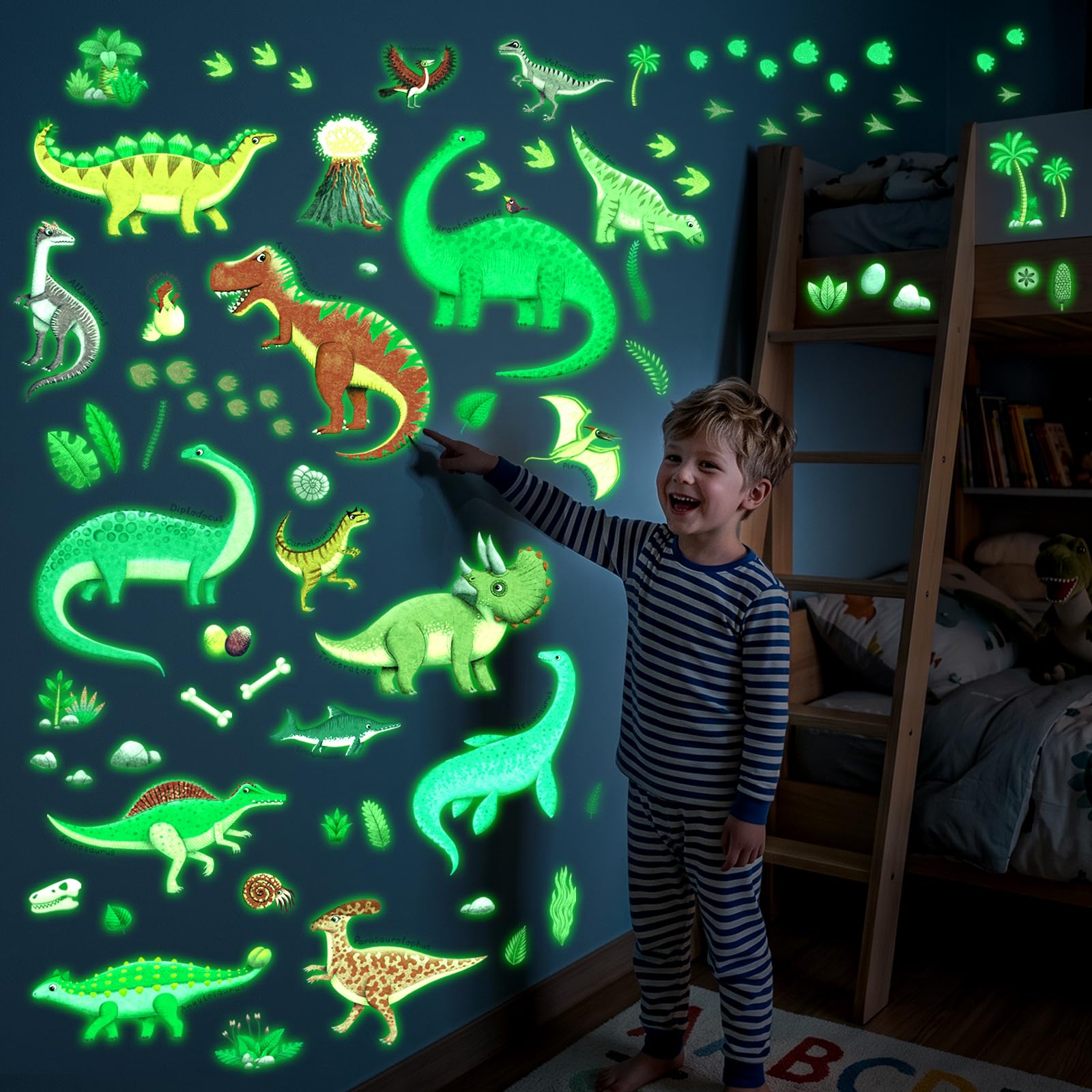 Decowall Multicoloured Glow In The Dark Dinosaur Wall Stickers Decals (Gds4-8087)