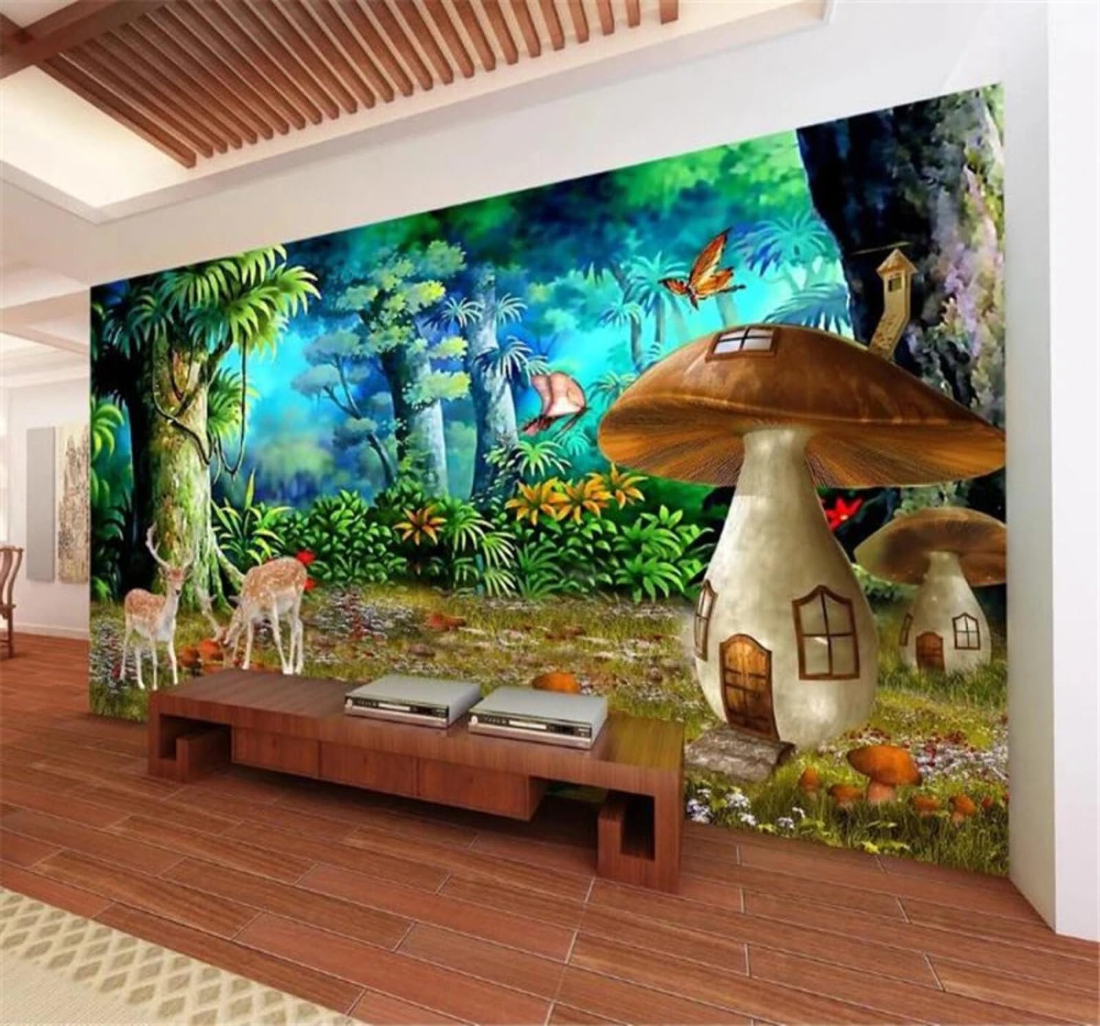 Wallpaper-3D-Xlm 300Cm×210Cm(B×H) Beautiful Dreamlike Forest Mushrooms Sika Deer 3D Wallpaper Easy Install Feature Office Living Room Sofa Bedroom Tv Background Wall Decoration-300Cm×210Cm