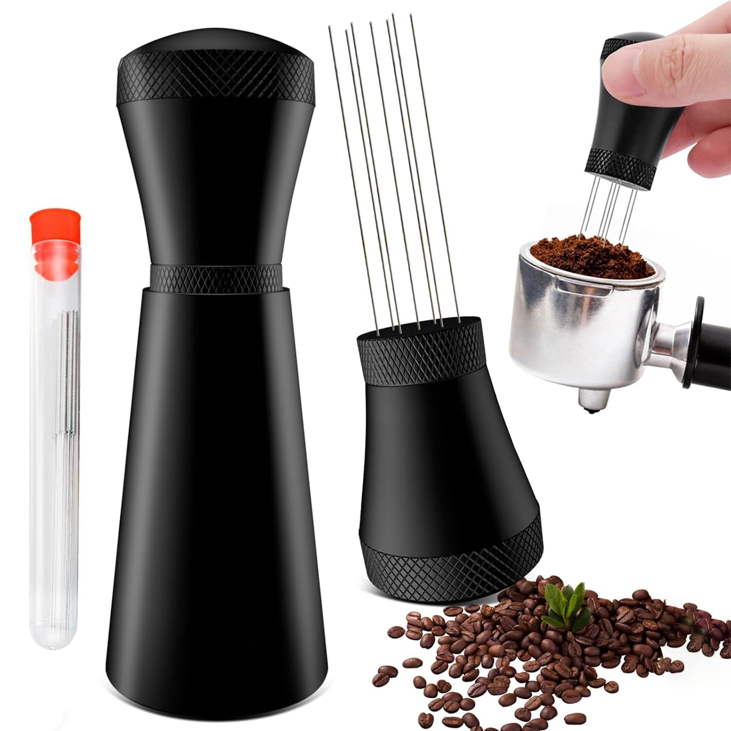 Angju WDT Espresso Distribution Tool Espresso Stirrer Tools for Barista, 0.35mm 7 Needles Espresso Coffee Stirrer with Extra 7 Replaceable Needles, Aluminum Alloy Handle with Stand