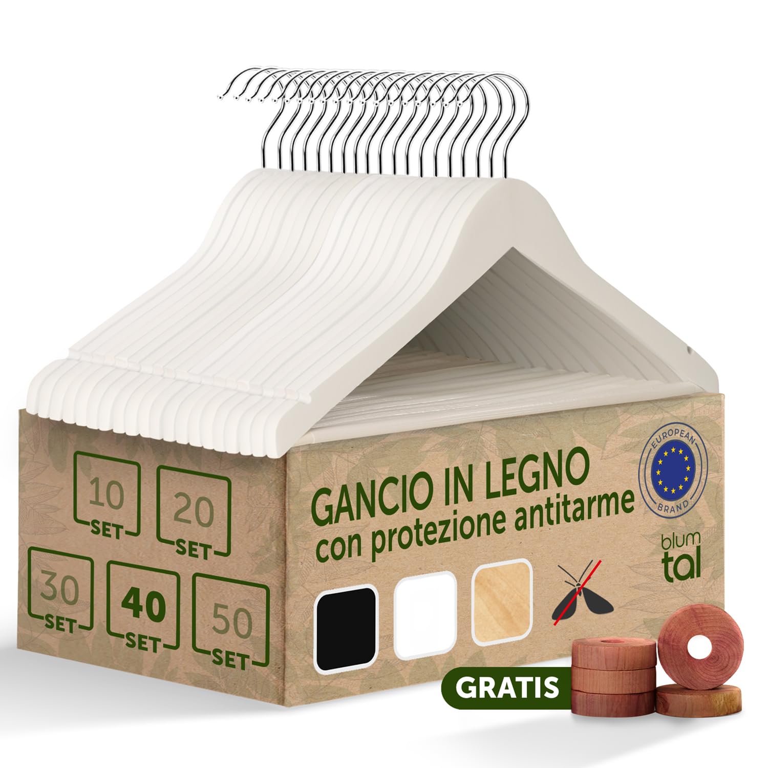 Blumtal Set di 40 Grucce in Legno Bianco – Gancio Rotante a 360° in Metallo, Protezione Antitarme in Legno di Cedro, Rivestimento Antiscivolo e Intagli per Spalle