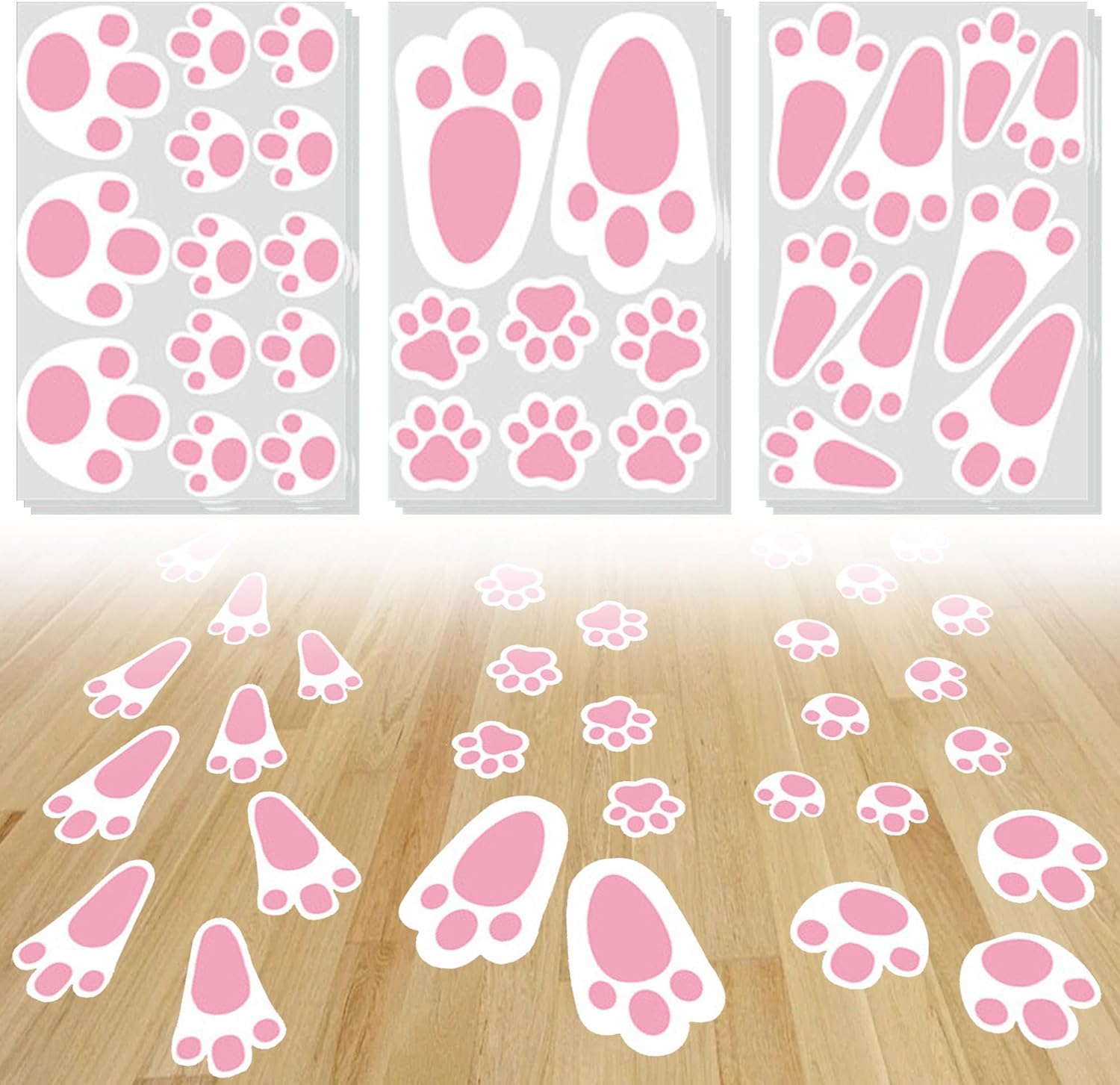 9 Sheets Bunny Footprints Stickers for Floor, Bunny Footprints Feet Floor Clings Cute Rabbit Paw Print Decals for Easter Party Game Egg Hunt Game Home Wood Floor Wall Window Decorations