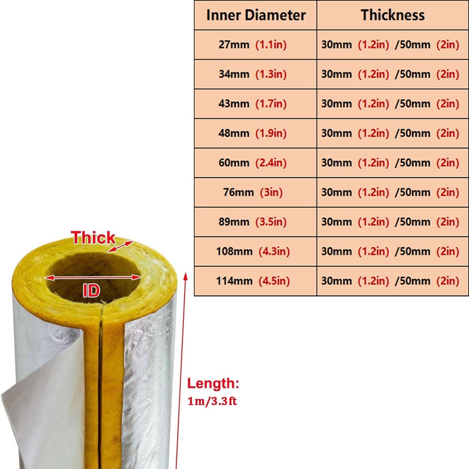 Tubi coibentati Guaina isolante in foglio di alluminio | Materiale isolante for tubazioni in lana di roccia e vetro Apertura laterale Isolamento termico(ID 43mm/T 30mm)