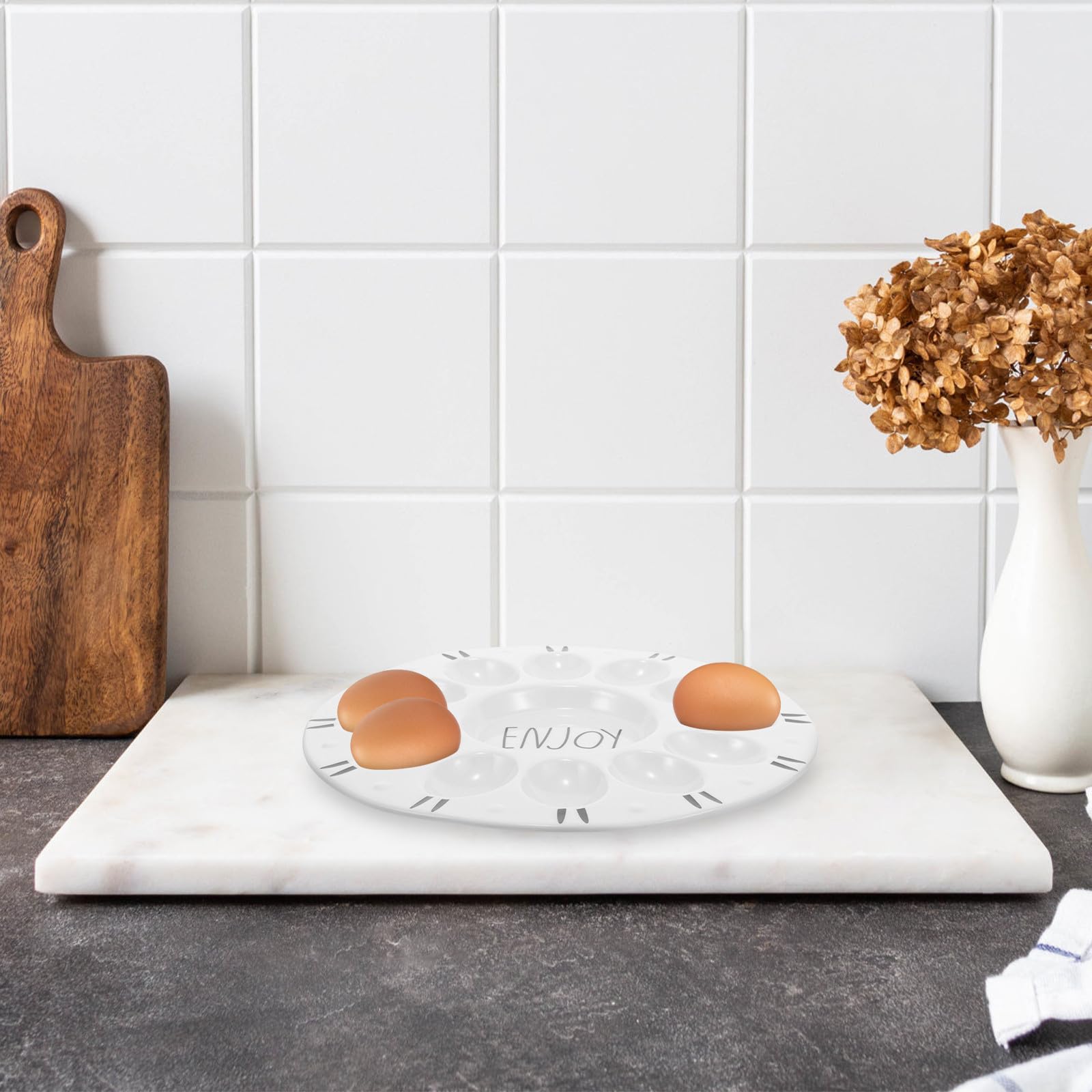 Veemoon Bandeja de Cerámica para 12 Huevos de Pascua, Ideal para Servir Aperitivos, para El Hogar, Restaurantes, Cocinas, Encimeras, Fiestas, Expositores, Apto para Lavavajillas, 26 Cm.
