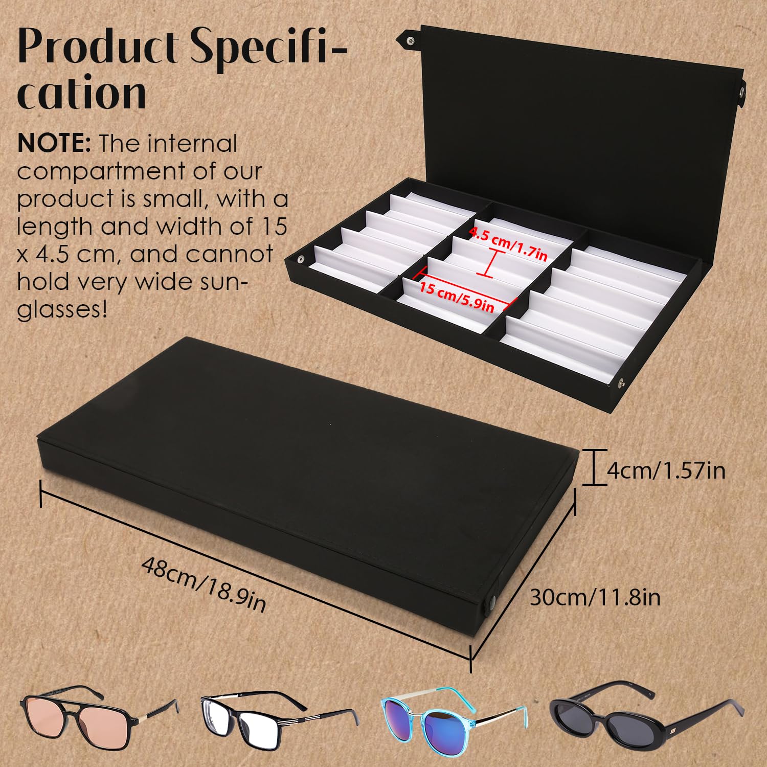 Tissting Vetrina per Occhiali Custodia Multiuso per Occhiali da Sole Custodia per Occhiali Vetrina per Occhiali con 15 Slot Orologi Vassoio per Esposizione Gioielli per Uomo Donna