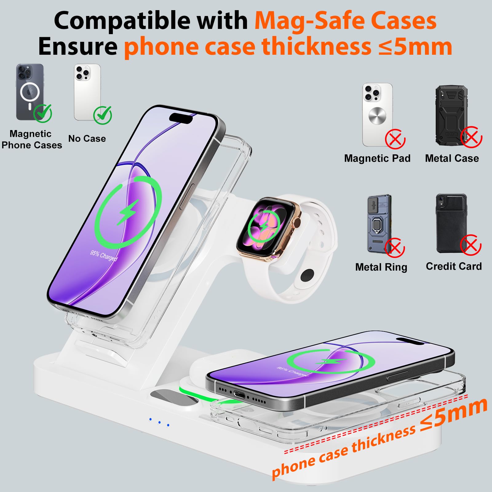 Station de charge magnétique sans fil double pour appareils Apple, éclairage automatique 7 couleurs et horloge 12 h, chargeur multi-appareils pour iPhone 17/16/15, pour iWatch 11/10/9 et