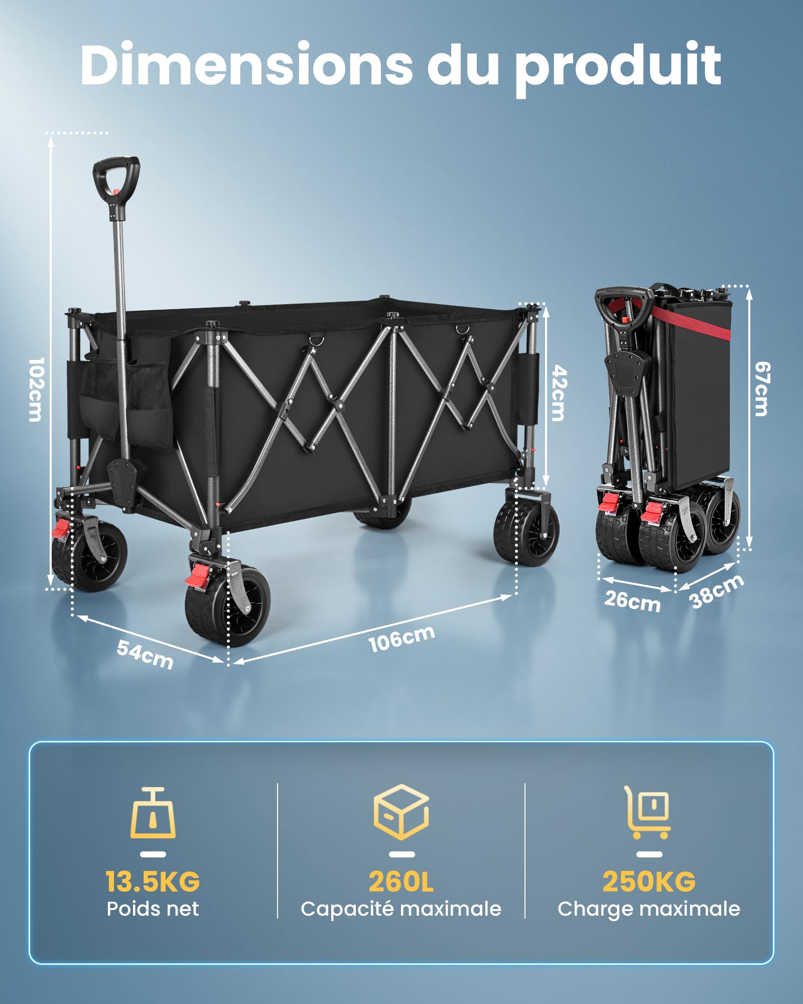 YEAUPE PRO Chariot Transport Pliable 260L 250KG, Chariot de Plage Pliable Roues Tout-terrain17x10 cm. Freins Doubles, Pliage Compact. Idéal pour Les Plages, Le Camping, Les Activités de Plein Air