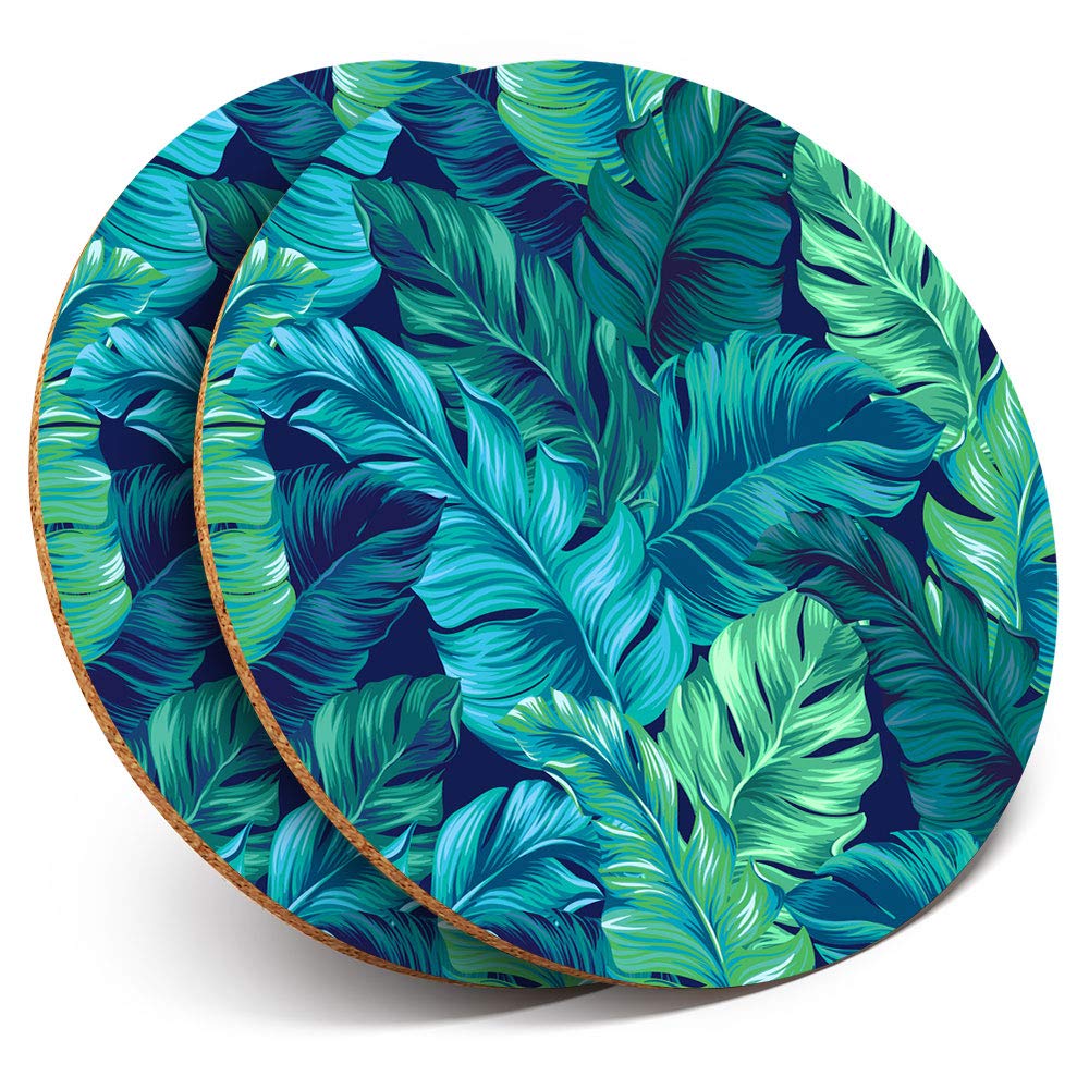 2 x Round Coasters - Turquoise Green Tropical Leaves Surf - Cork Backed Home Kitchen Accessory Tea Coffee Mug Mat #24337