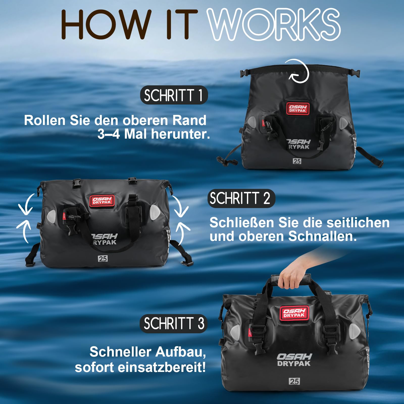 OSAH DRYPAK wasserdichte Rucksack Dry Bag – Wasserfeste Reisetasche Seesack, Rolltop, Großem Stauraum, Vielseitige wasserdichte Tasche für Camping, Motorrad, Bootfahren, Kajak, SUP, Strand und Angeln