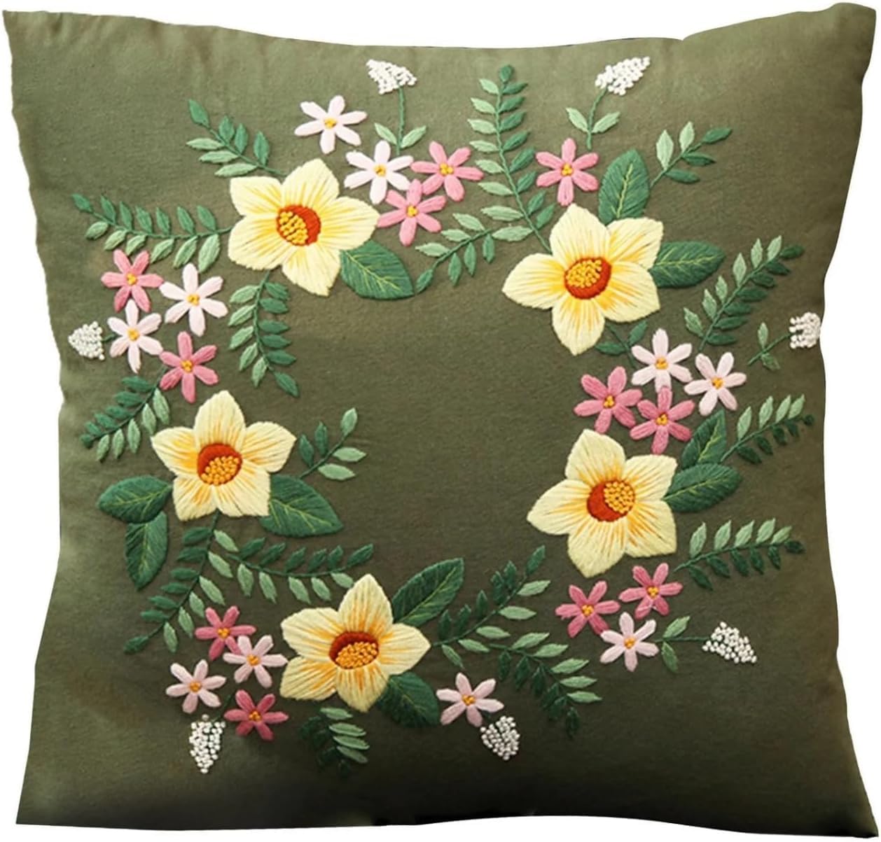 Embroidery Kit Cushion Cover Pillowcase Craft Kits for Adults Beginners, Hand Embroidery DIY Kit Pillow Case Cover with Flower Patterns Hoop Without Pillow Insert Green