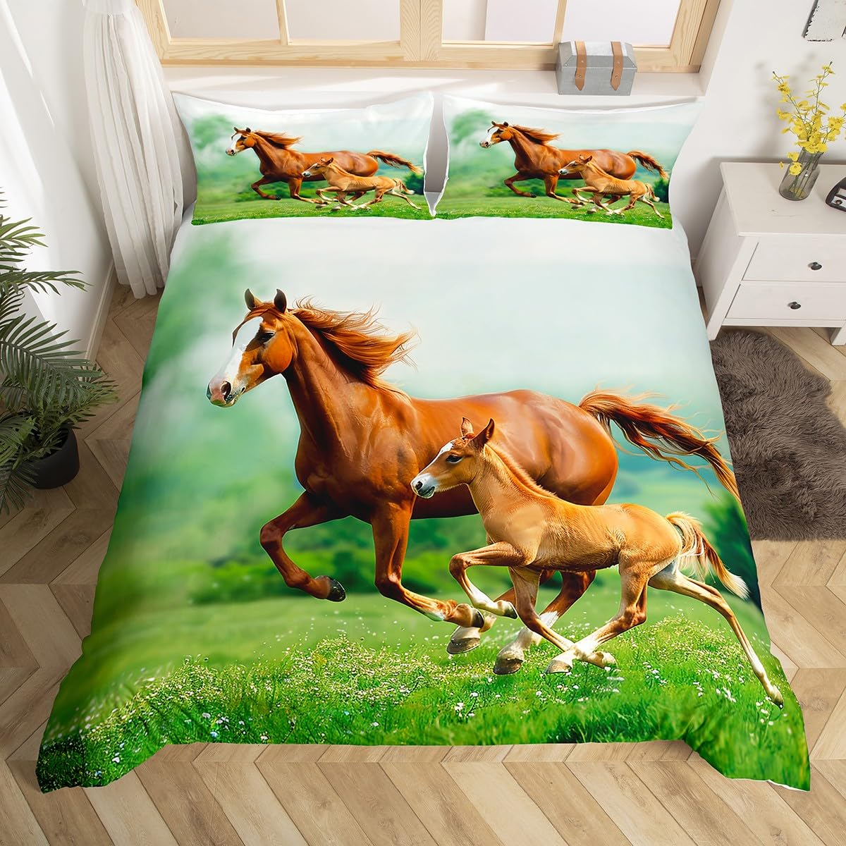 Erosebridal Galloping Horse Bedding Set 3D Horse Duvet Cover Twin Size Easter Horse Comforter Cover Farmhouse Animals Bedspread Cover for Kids Girls Teens Adult Room Decorative, Green