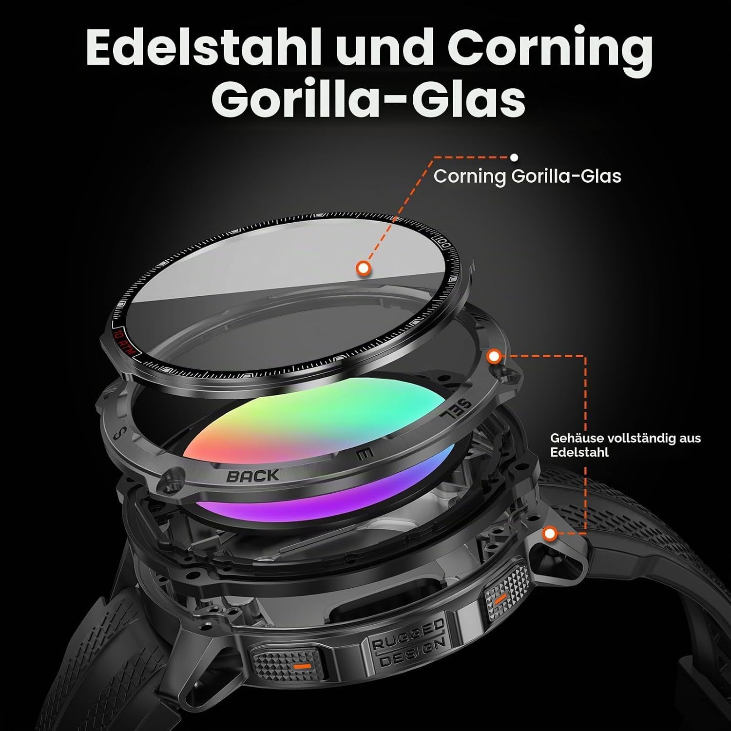 KOSPET Tank T4 GPS Smartwatch Herren, Voll Edelstahl, Offline-Karten | Robuste Militär Watch, 1,43" AMOLED, 10ATM Wasserdicht (45 m Tauchen), 180+ Sportmodi, 24/7 Herzfrequenz/Schlafmonitor