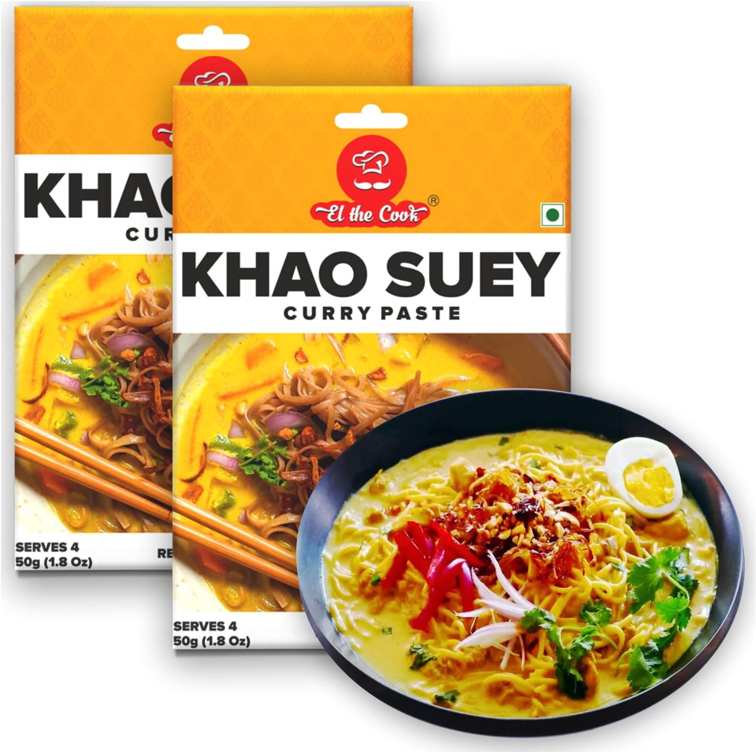 EL The Cook Burmese Khao Suey Curry Paste (Restaurant Style Khowsuey) | Just Add Coconut Milk & Veg or Chicken | Serves 4 each | Ready to Cook | 100% Veg & Natural | 2 x 50g