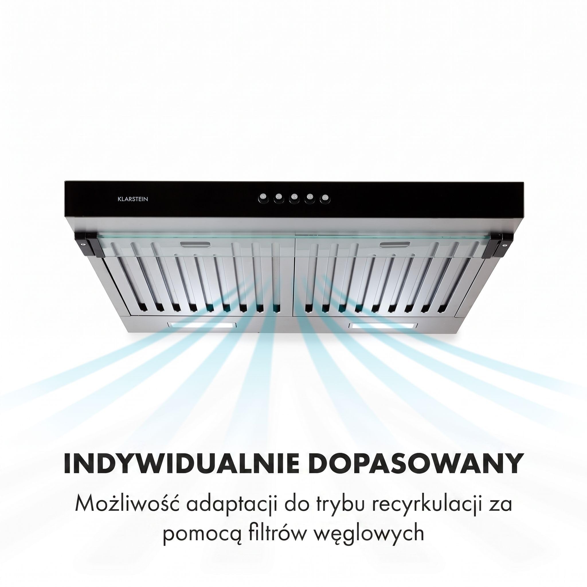 Klarstein Purista - Okap kuchenny, Okap podszafkowy, Szerokość 60 cm, Stal nierdzewna, Montaż ścienny, Oświetlenie halogenowe, Wydajność 306 m³/h, uchylny panel ze szkła, czarny