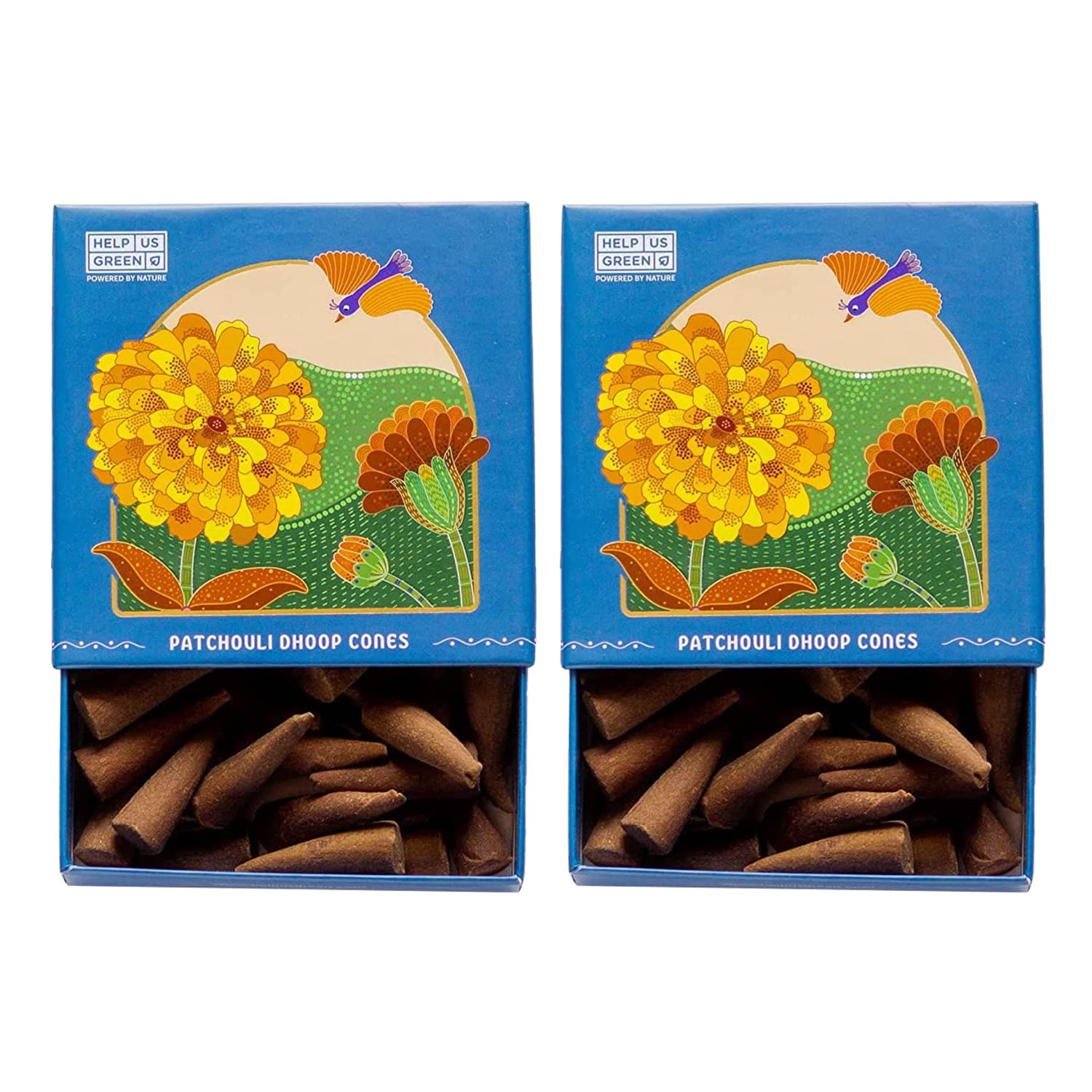 HELP US GREEN Natural Incense Fragrance Dhoop Patchouli Cones with Holder (80 pcs) | Havan for Pooja, Home & Festivals I Natural Guggal/Loban Original |Pack of 2 (40 Cones/Pack)
