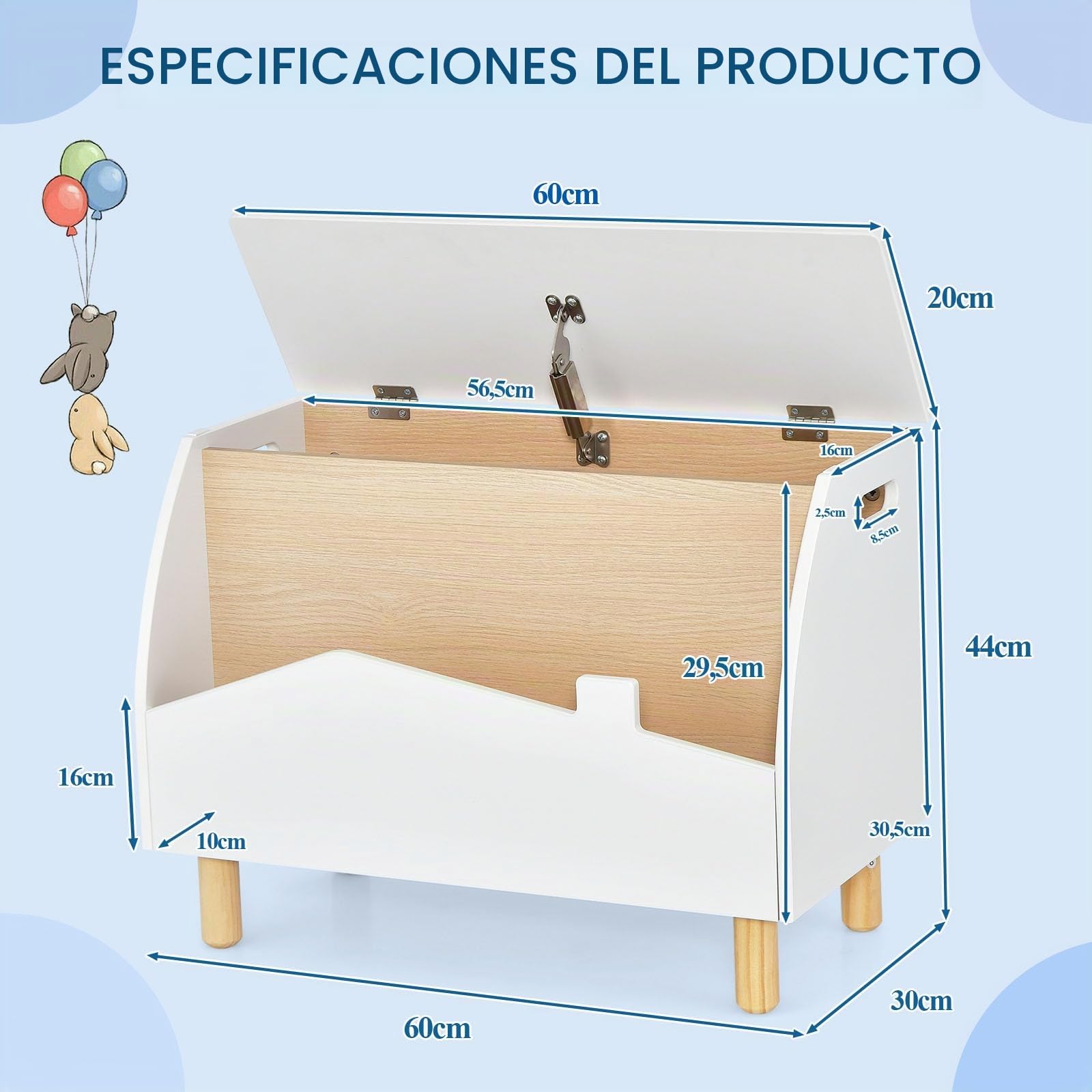 SOARS Organizador Juguetes Infatil, Baul Juguetes con Tapa Abatible, 2 Gran Espacios de Almacenamiento, Caja Juguetes para Niños con Patas de Madera de Pino, 60 x 30 x 44cm (Blanco)