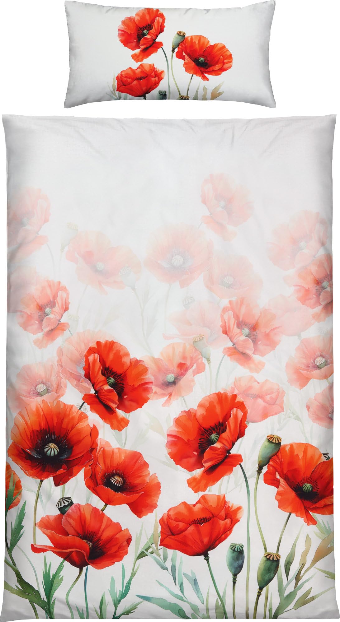 Erwin Müller Mako-Satin Bettwäsche Mohnblume weiß-rot Größe 40x80 cm / 135x200 cm - seidig weiche Qualität, temperaturausgleichend, mit Reißverschluss