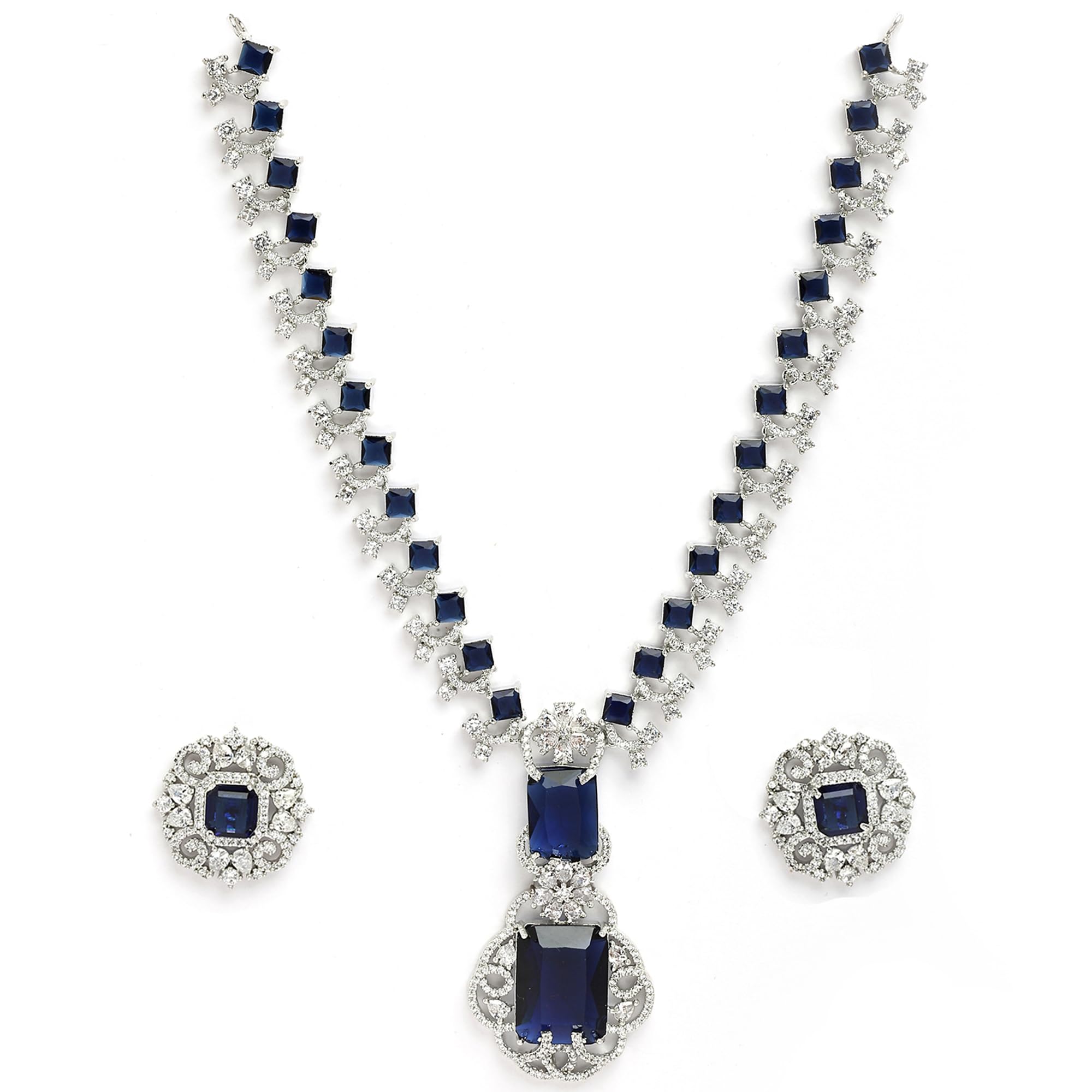 Rhodium Plated Silver Toned Brass Royale Celebrity Inspired Green American Diamond Cystal Jewellery Set For Women & Girls-image-2