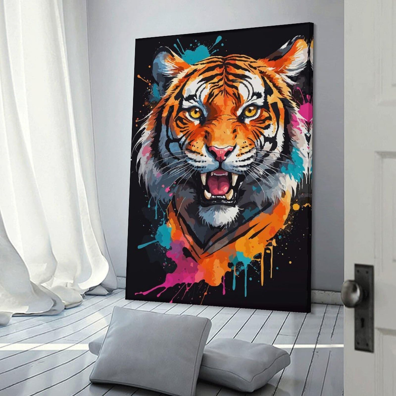 Junmoney Frame-Style-24 Canvas Wall Picture Colorful Tiger Portrait With Paint Splatters, 08X12inch(20X30cm), For Bedroom, Lounge Or Dressing Area, Stylish Decor For A Restful Room Update