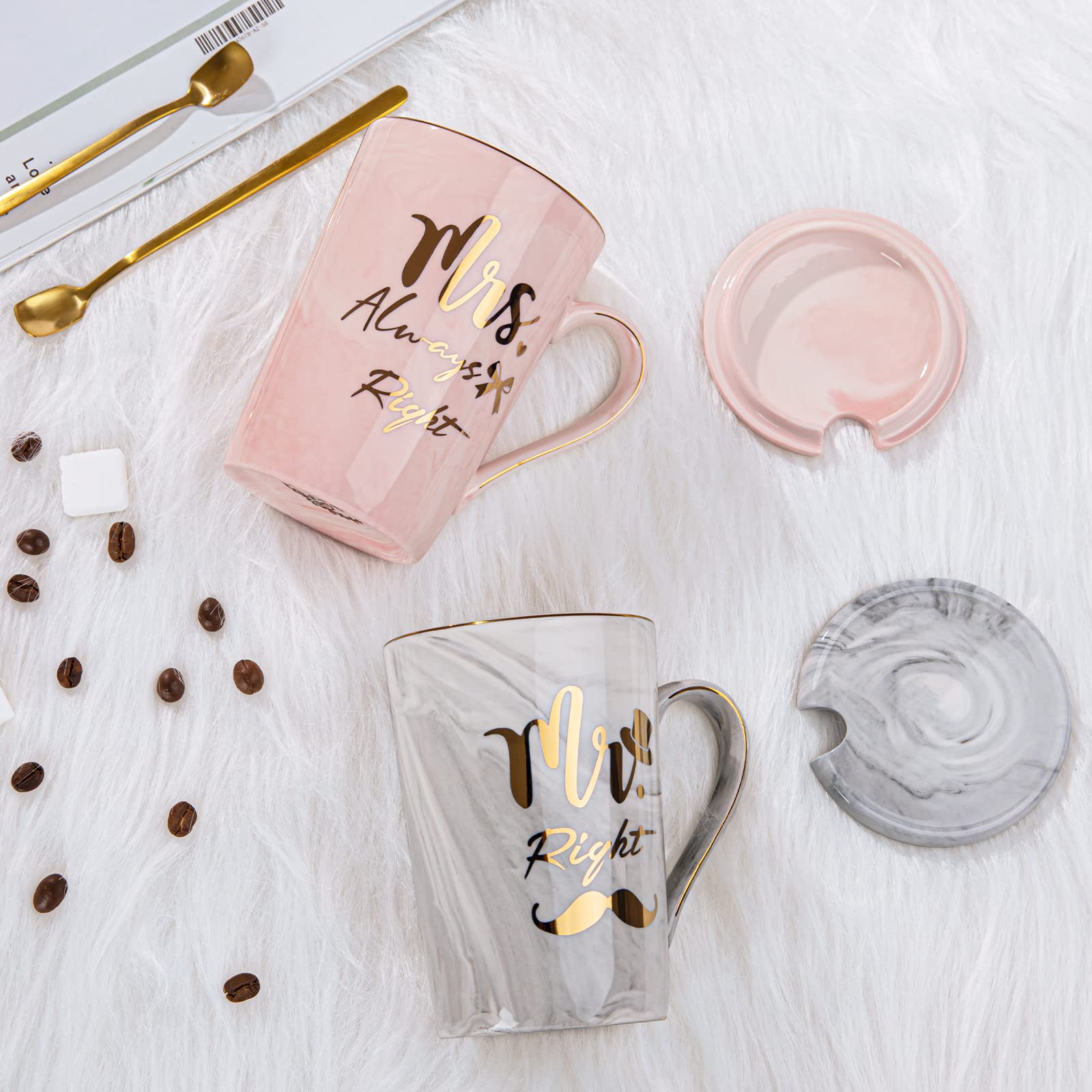 Biching Regalo Anniversario Matrimonio, Regali di Coppia, Regalo Anniversario per Lui e Lei, Regali Nozze Sposi per Marito Moglie, Mr Mrs Right - Tazza da Caffè in Ceramica con Confezione Elegante
