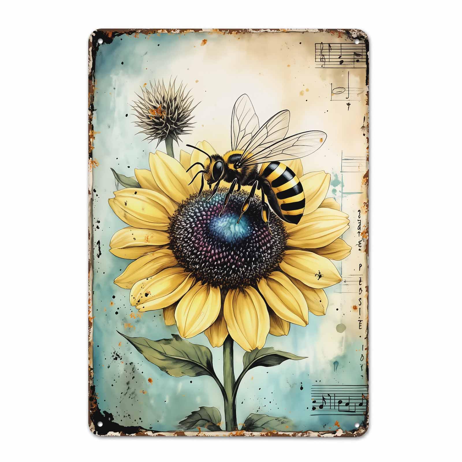 Bumblebee Sunflower Music Note Vintage Metal Tin Sign 8x12,Waterproof