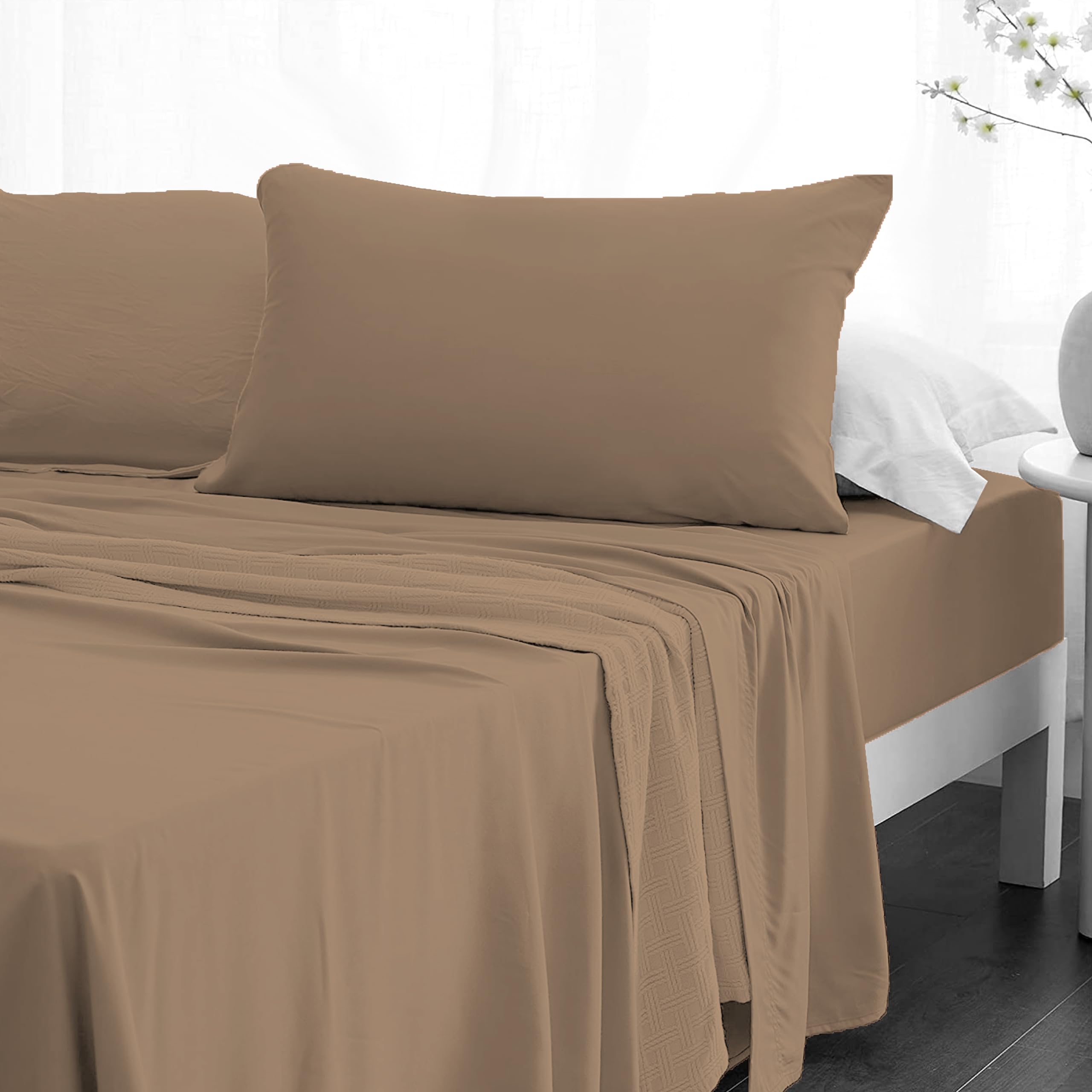 Crescent Textile Sheet Set for Bed 200TC 100% Egyptian Cotton Super Soft Easy Care Fitted Sheet & Flat Sheet with Pillowcases Bedding Set (Natural, Single)