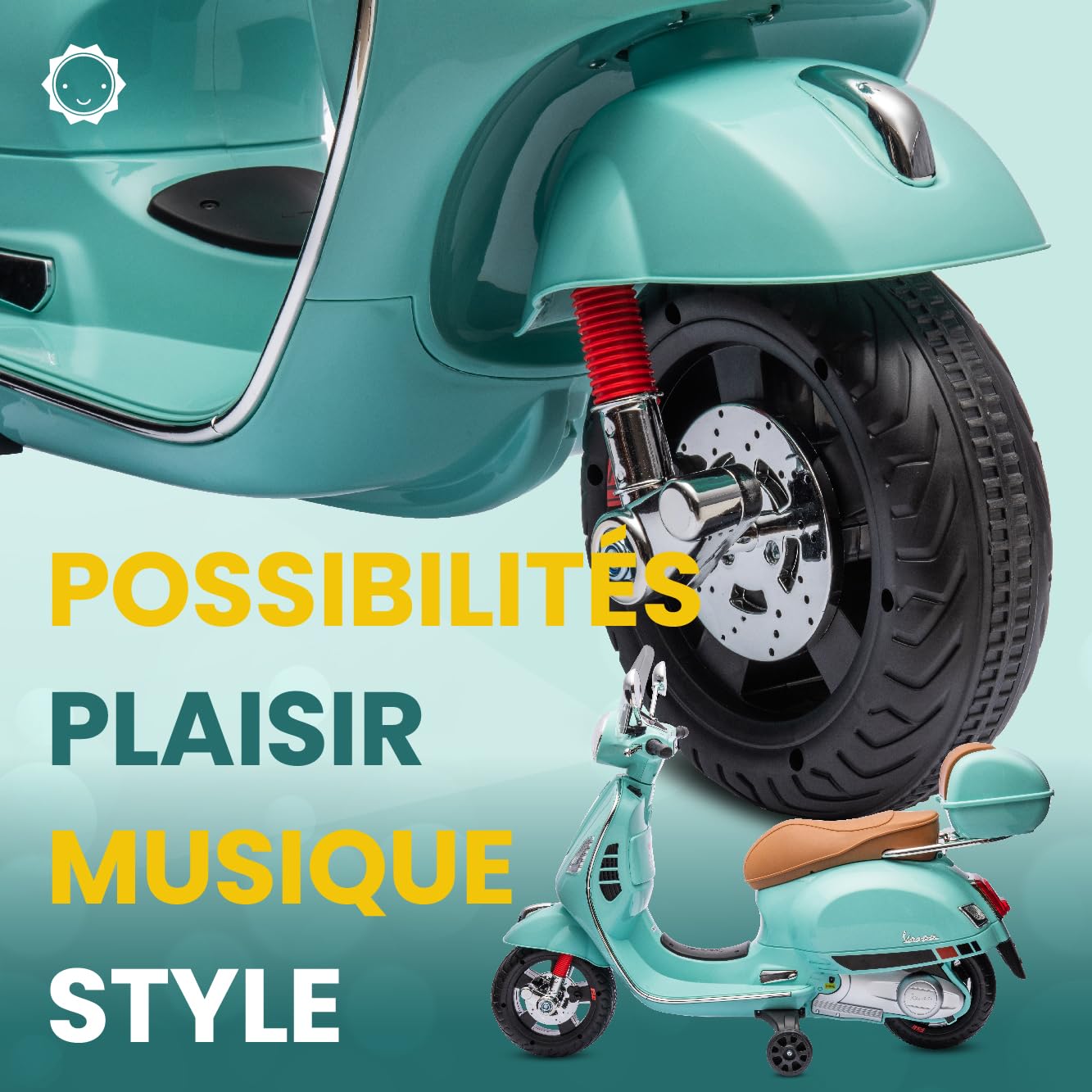 Vespa Scooter Moto électrique pour Enfants avec Roues et siège en Plastique, Coffre, Lecteur MP3, Prise AUX MicroSD USD (Turquoise)