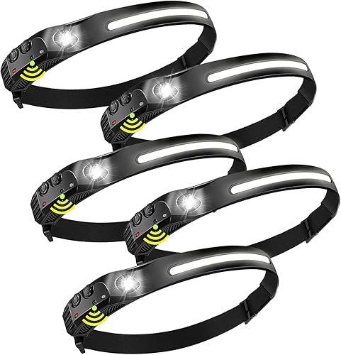 Paquete de 5 faros recargables, luces de cabeza con sensor de movimiento para la frente, 2000 mAh, lámparas LED recargables, 5 modos para sombrero,