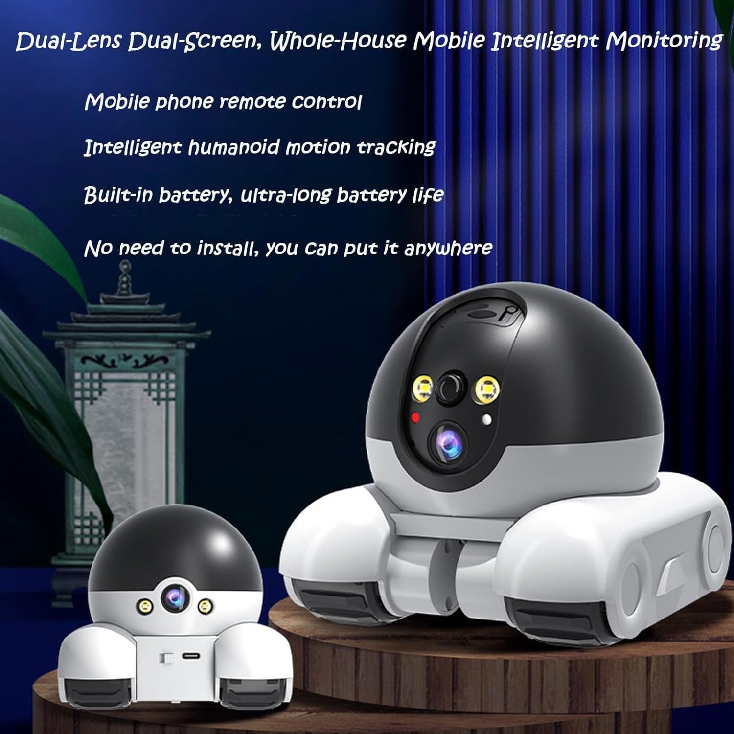 Blinky Bot Camera with text 'Dual-Lens Dual-Screen, Whole-House Mobile Intelligent Monitoring'