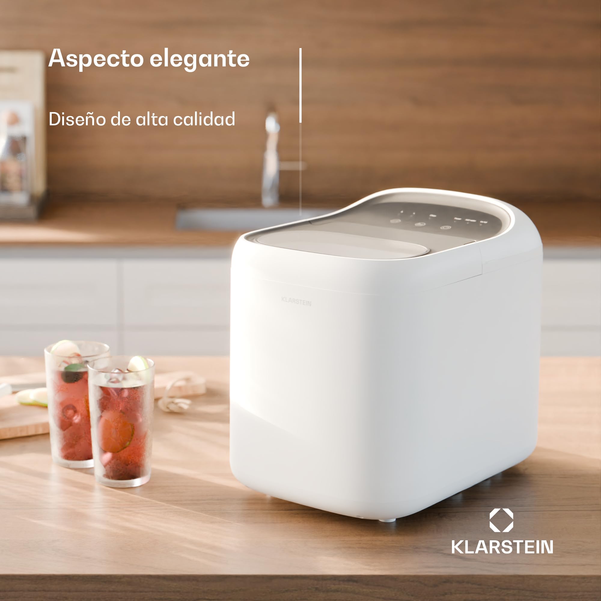 Klarstein SparkIce Máquina de hielo - 15 kg/día, 6 minutos, 2 tamaños de cubitos, panel táctil, limpieza automática, para casa y bar, incluye pala, blanco