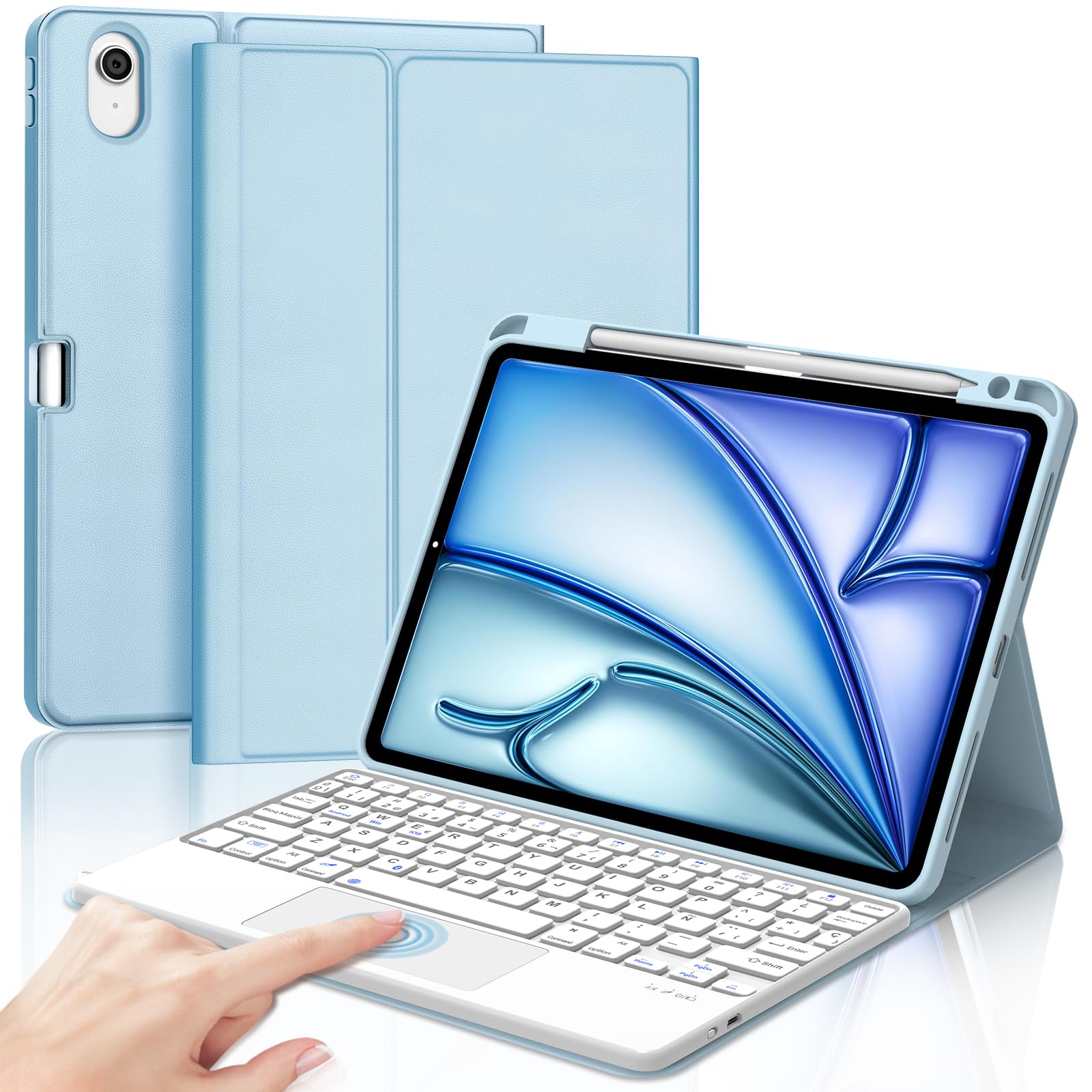 Teclado para iPad Air 11 Pulgadas 2026 M4/2025 M3/2024 M2 con Touchpad, Funda Cover Teclado Trackpad Español Ñ Bluetooth Magnética Desmontable para iPad Air 11 M4/M3/M2, Soporte para Lápiz, Azul cielo
