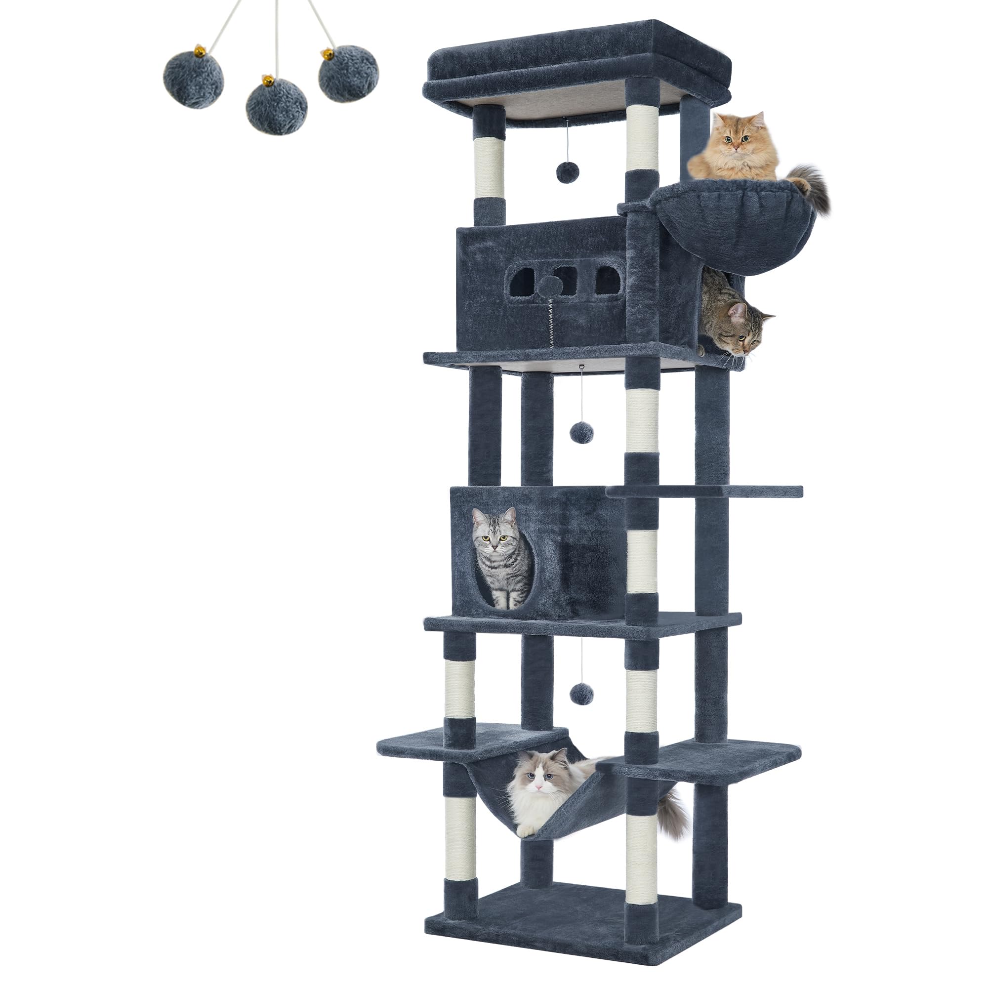 Hzuaneri Albero per Gatti, tiragraffi per gatti adulti 210 cm, xxl, giochi per gatti, Lavabile, trespolo per gattis con 2 Grotte, 8 Tiragraffi, Cestini, Amaca, Pompon, Grigio Scuro MS21018SG