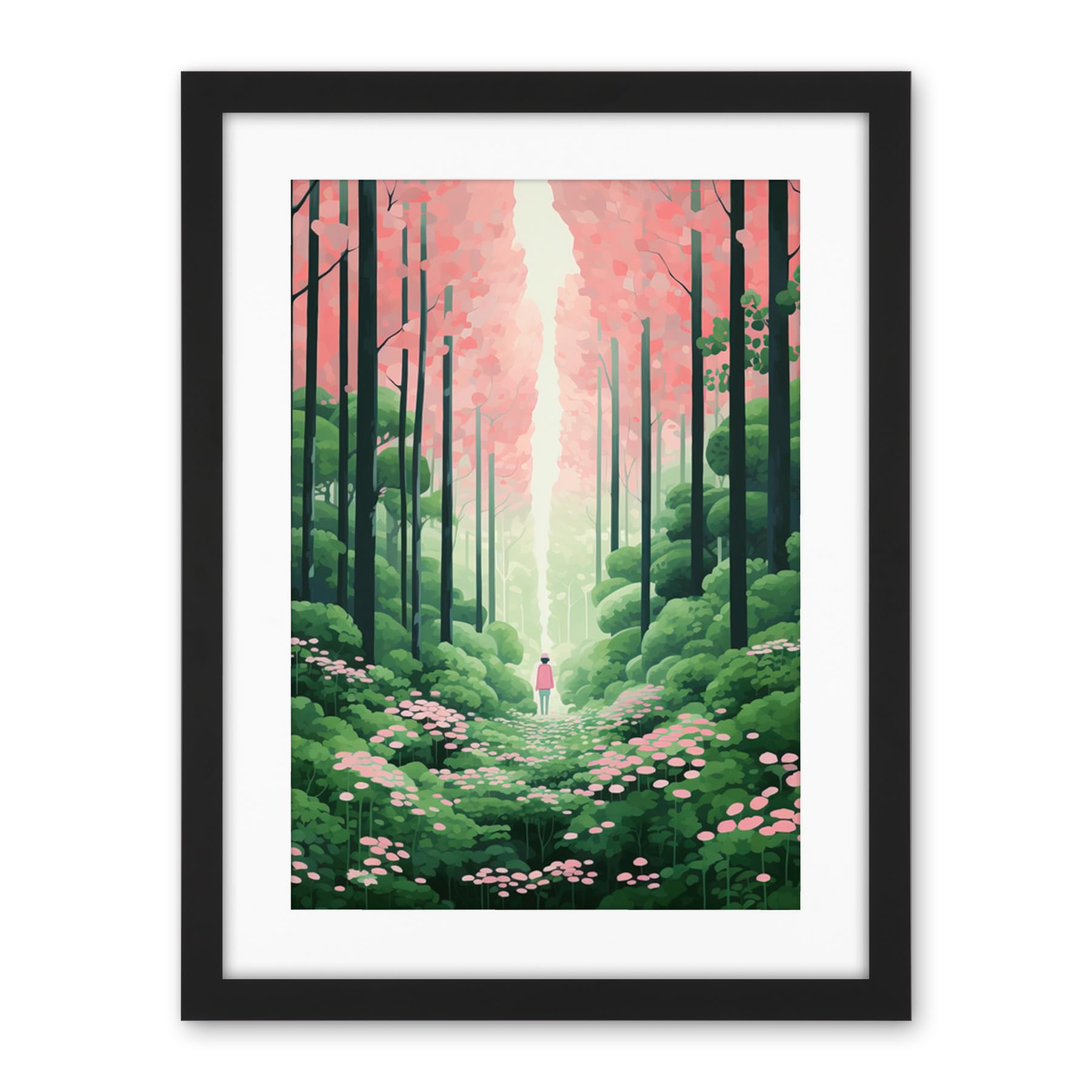 Artery8 Mount Yoshino Cherry Blossom Tree Forest Bright Artwork Baby Pink Green Walk in Nature Trail Artwork Framed Wall Art Print 18X24 Inch