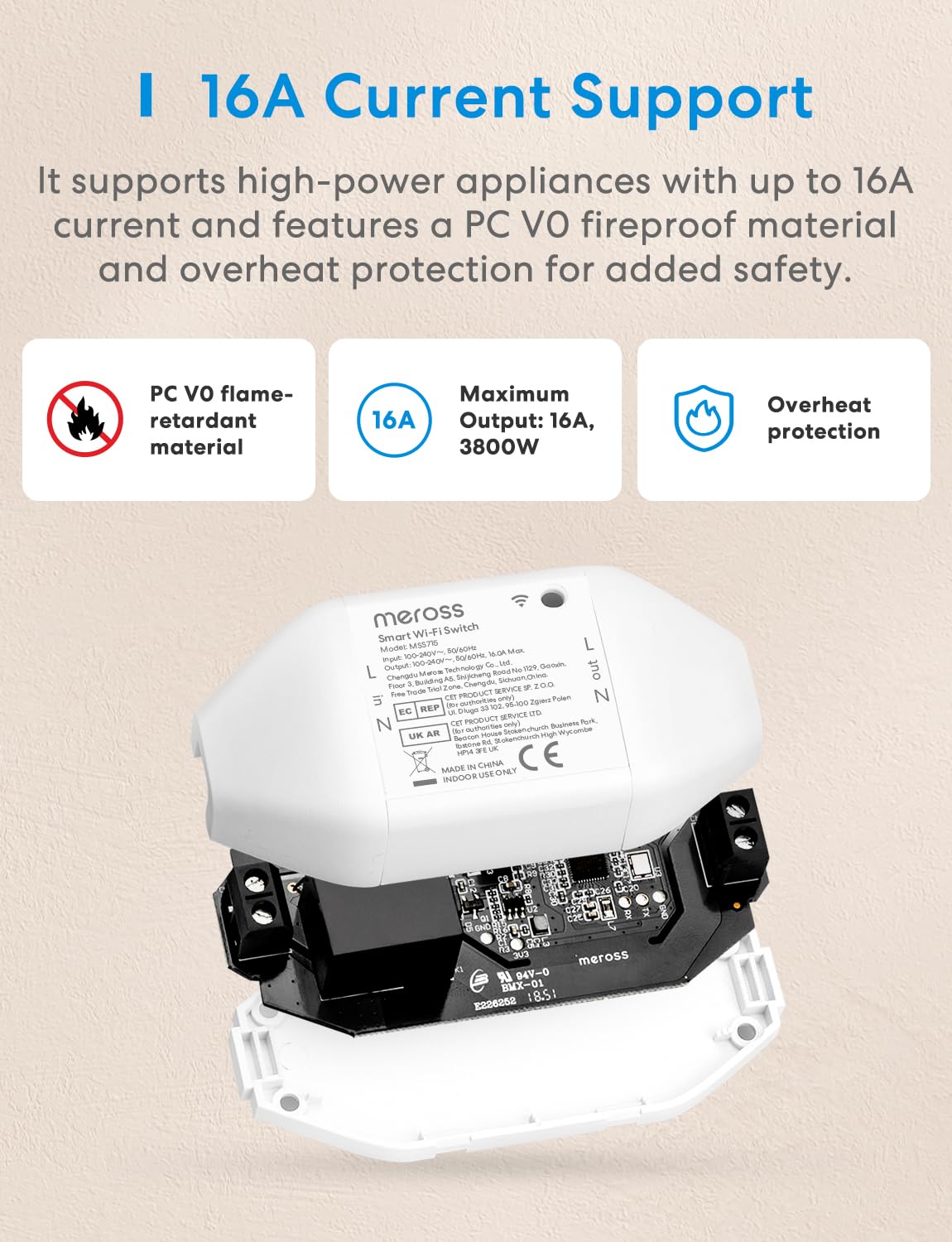Meross Przełącznik Wi-Fi Matter, inteligentny przełącznik 16 A z pomiarem energii, inteligentny przełącznik modułowy kompatybilny z Apple Home, Alexa i Google Home, sterowanie głosowe
