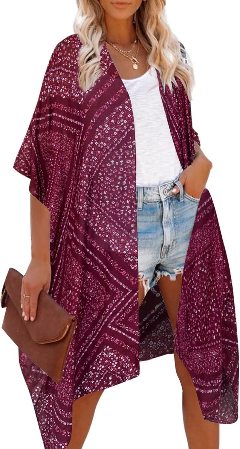 Moss Rose Women's Beach Cover up Swimsuit Kimono with Bohemian Floral Print, Loose Casual Resort Wear - Image 5