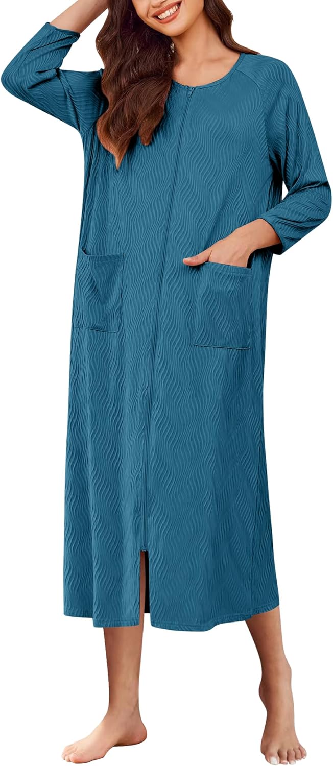 Ekouaer Zipper Robes for Women Ribbed Knit Bathrobe Lightweight Full Length Loungewear with Pockets S-3XL
