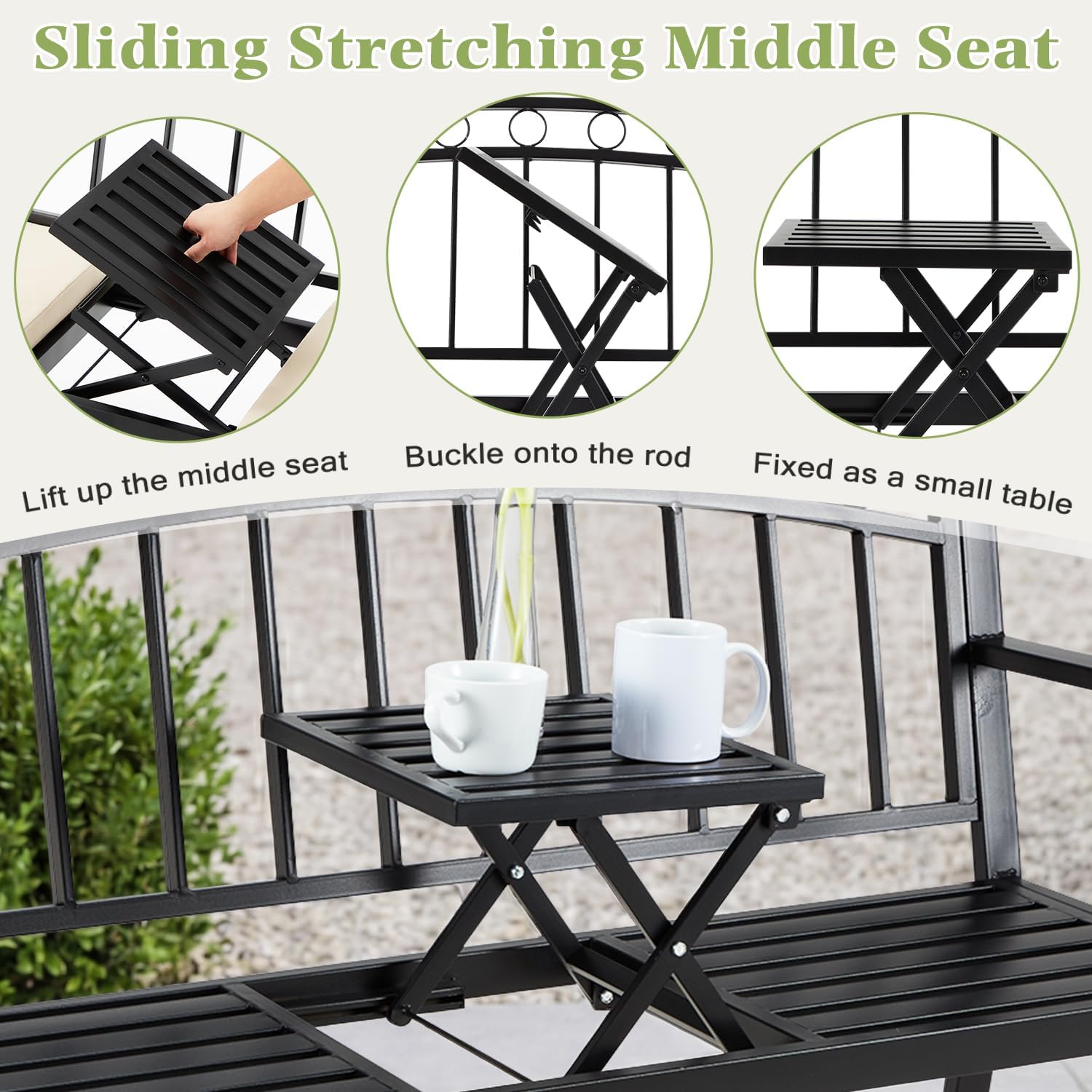 AVAWING Outdoor Metal Garden Bench, 2-Seat Patio Porch Bench with Steel Frame, Park Bench w/Pullout Middle Table＆ Cushion for Backyard Lawn Deck Entryway, Black