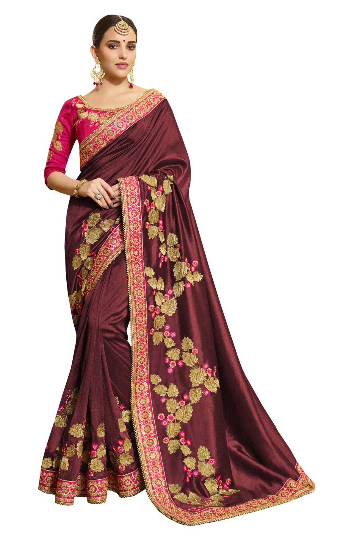 GenericSRUJAMI TEX Roopaima Tex Women's Embroidered Pure chiffon saree with blouse piece (Maroon)