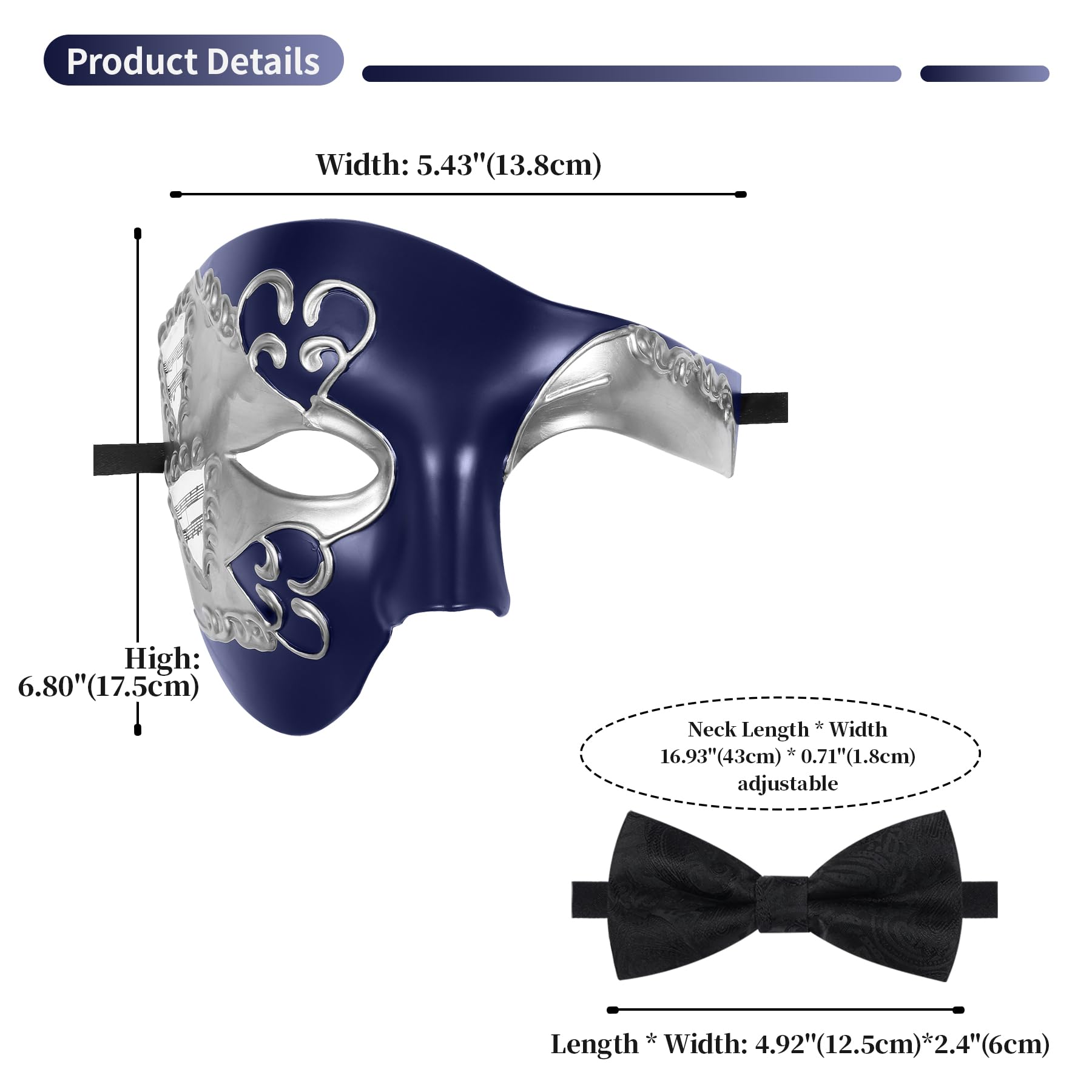 Oidea Masquerade Mask for Men: Vintage Phantom of The Opera Mask Costume Prom Half Face Party Mask with Black Bow Tie, Blue - Image 3