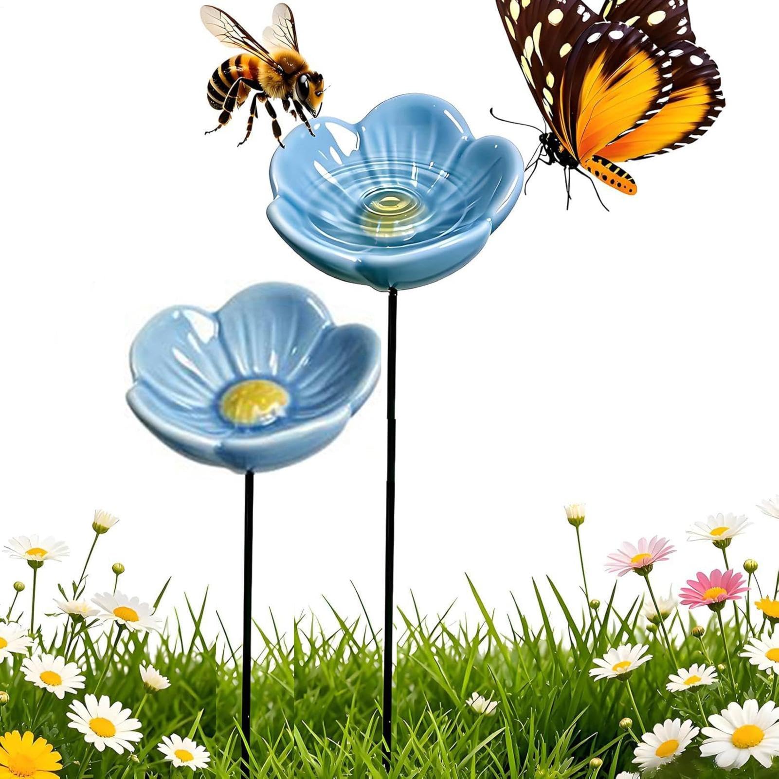 2 Pieces Garden Bee Watering Station, Flower Shaped Ceramic Bee Watering Station, Weather Resistant Bird Waterer, Hummingbird Bath For Garden Yard Backyard Outdoor Home Patio Porch Deck Balcony