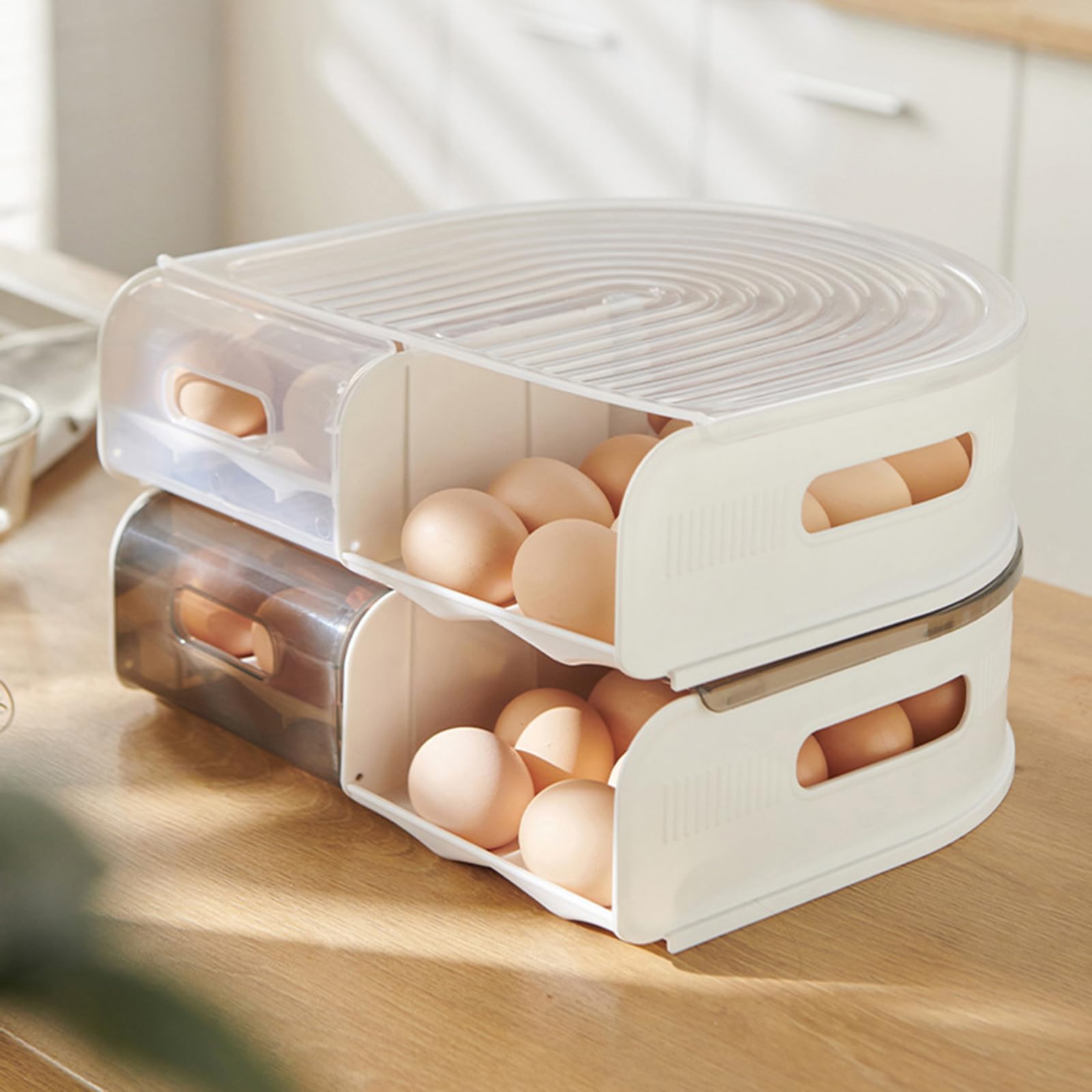 Doppelschichtige Eier-Aufbewahrungsbox, U-Form, für Kühlschrank, lebensmittelecht, Polypropylen, Kücheneier-Aufbewahrungsbox mit ausrollbarem Design