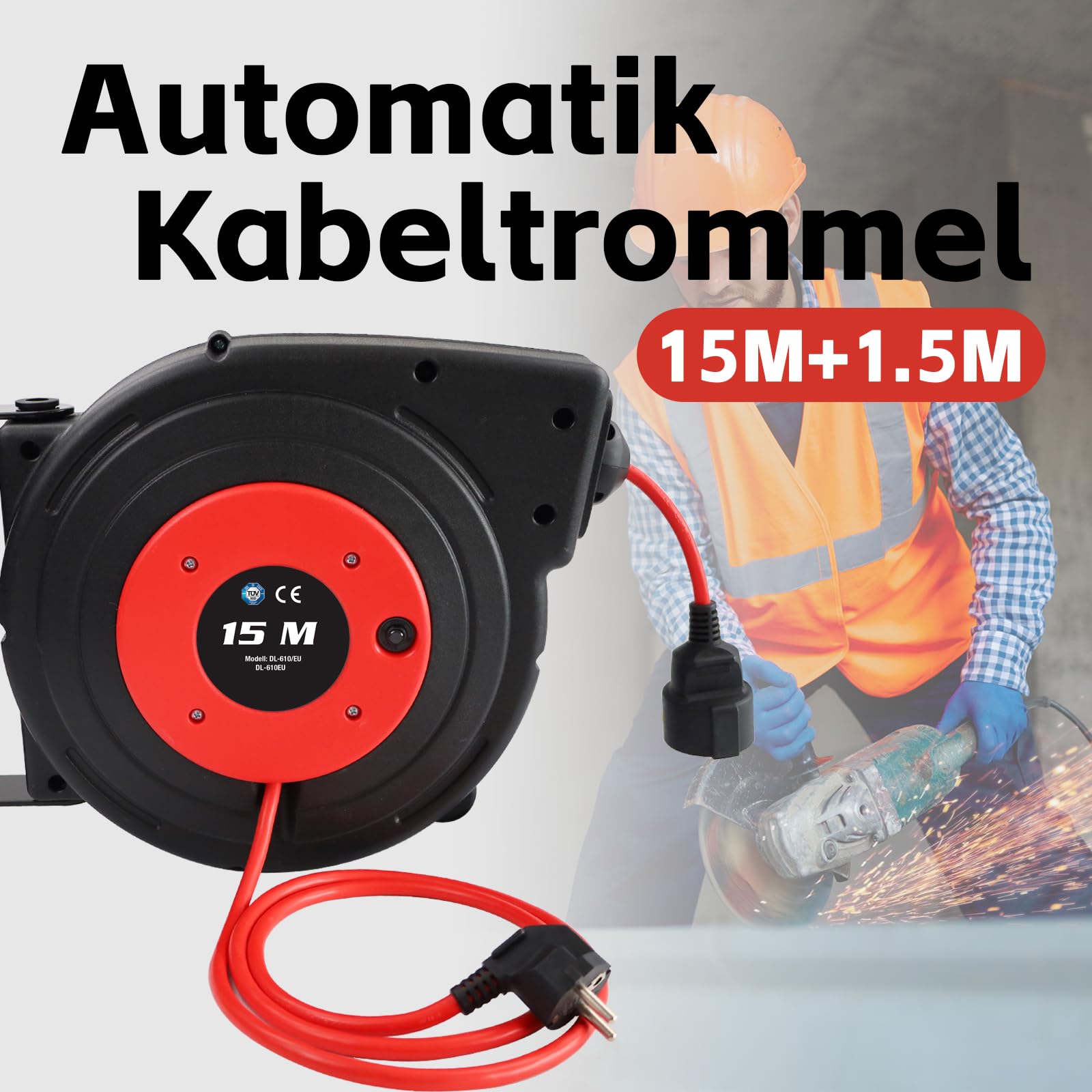 Avvolgicavo 15 m + 2 m, 2300 W, cavo di prolunga montato a parete, avvolgimento automatico, rotazione di 180°, rilevamento TÜV, materiale di installazione incluso