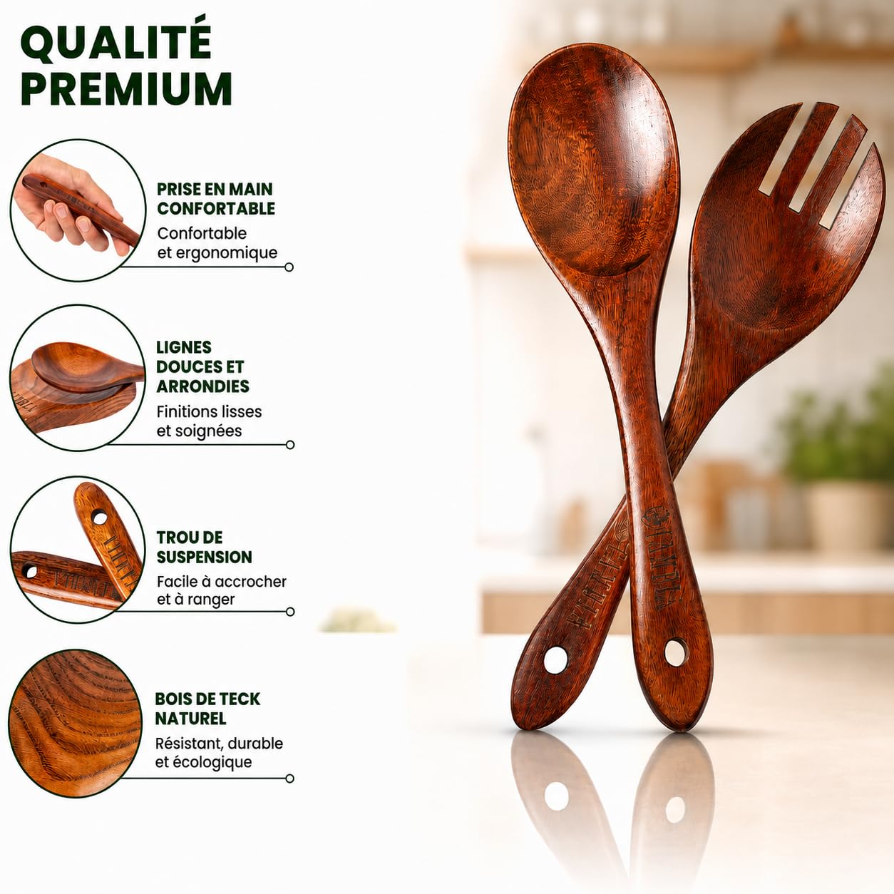 Ustensiles de cuisine en bois - 9 pièces - Bois de teck - Anti-rayures - Set de spatules et cuillères de cuisine - Poignée confortable pour poêles antiadhésives - CAMBLA
